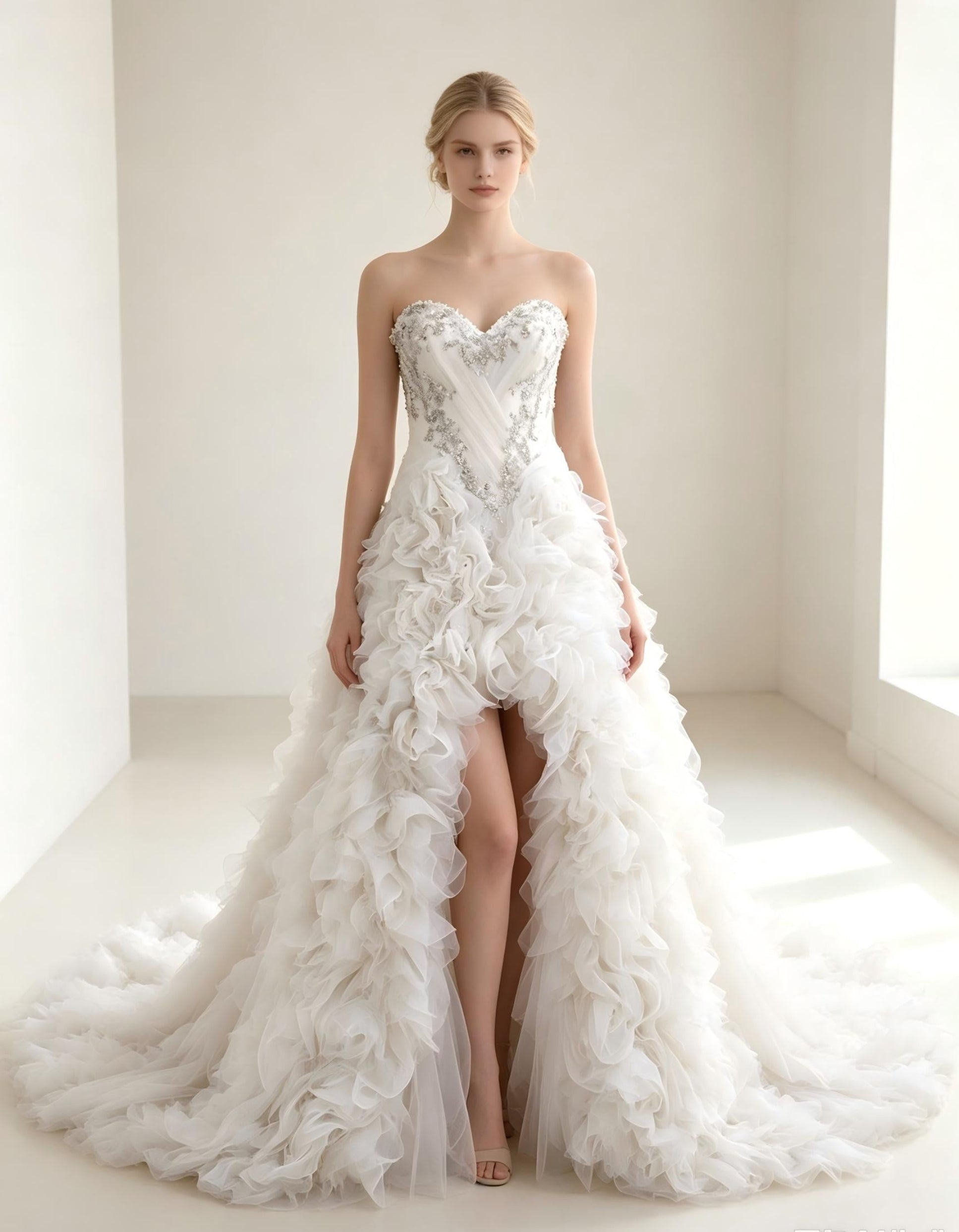 High Low Wedding Dress with 3D Floral Appliqués &  Ruffles - Dramatic Bridal Gown