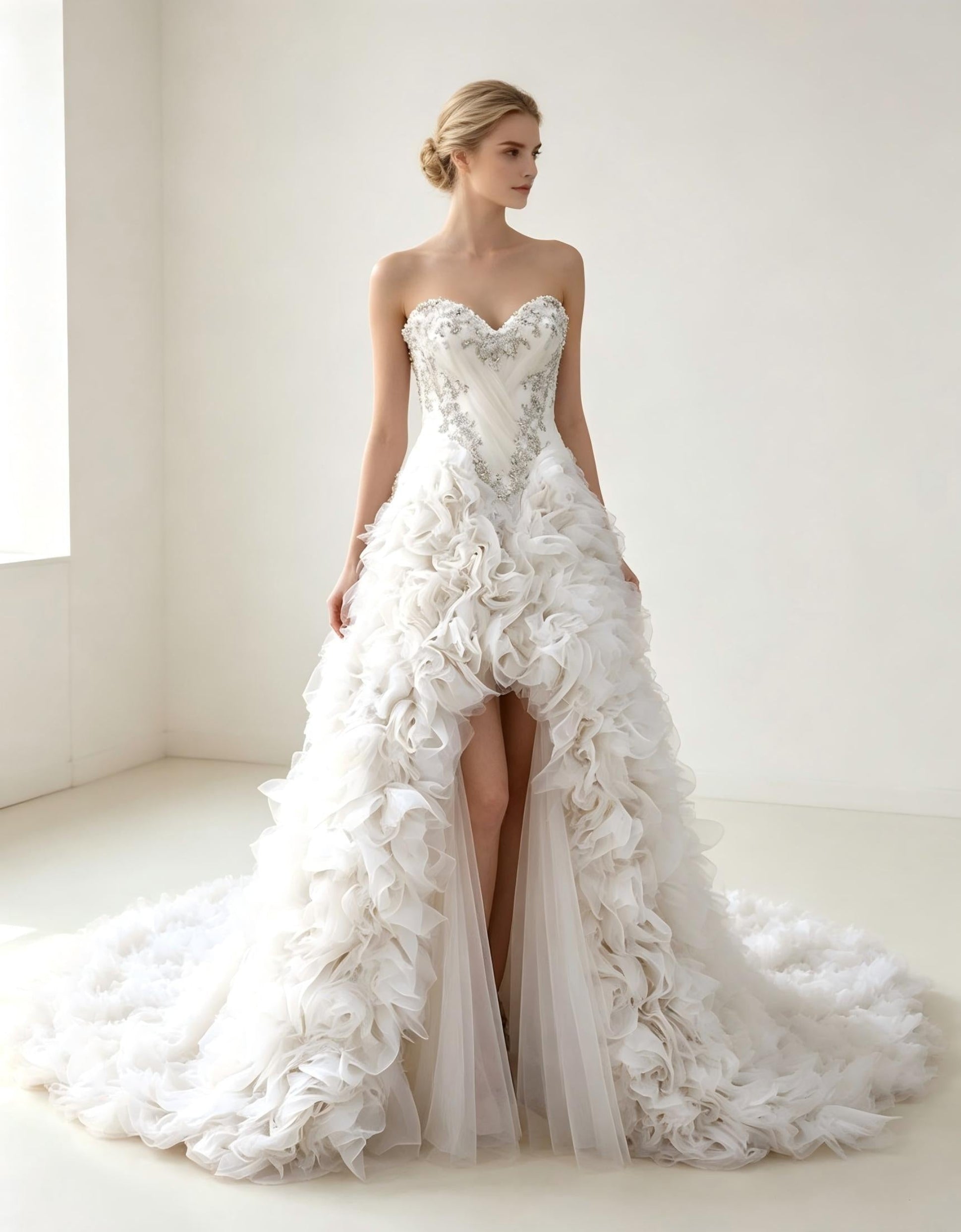 High Low Wedding Dress with 3D Floral Appliqués &  Ruffles - Dramatic Bridal Gown