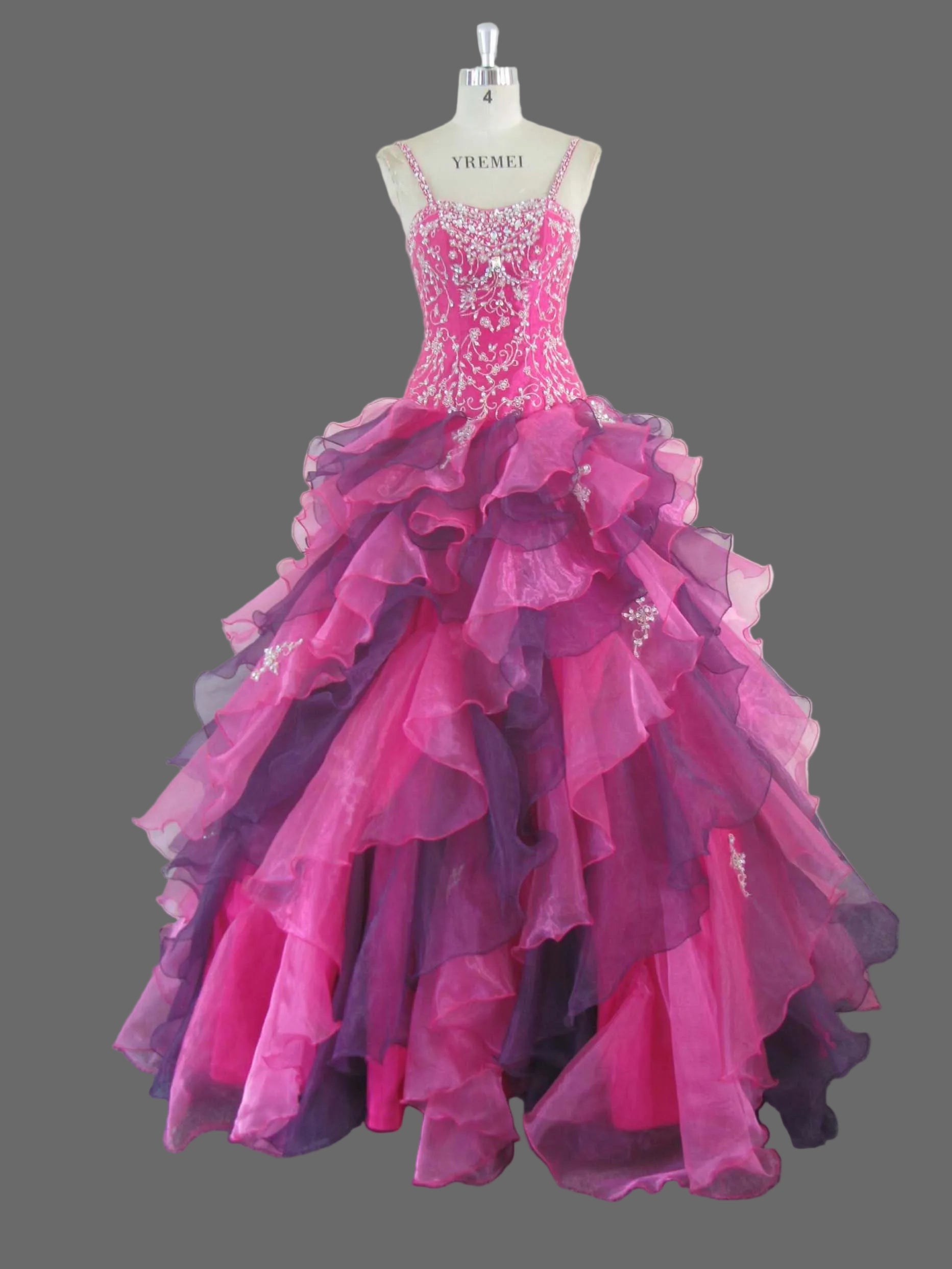 Hot Pink and Purple Quinceanera Ball Gown Spaghetti Strap Crystal Beaded Lace Applique Organza Ruffle Prom Sweet Sixteen Pageant Formal Dress