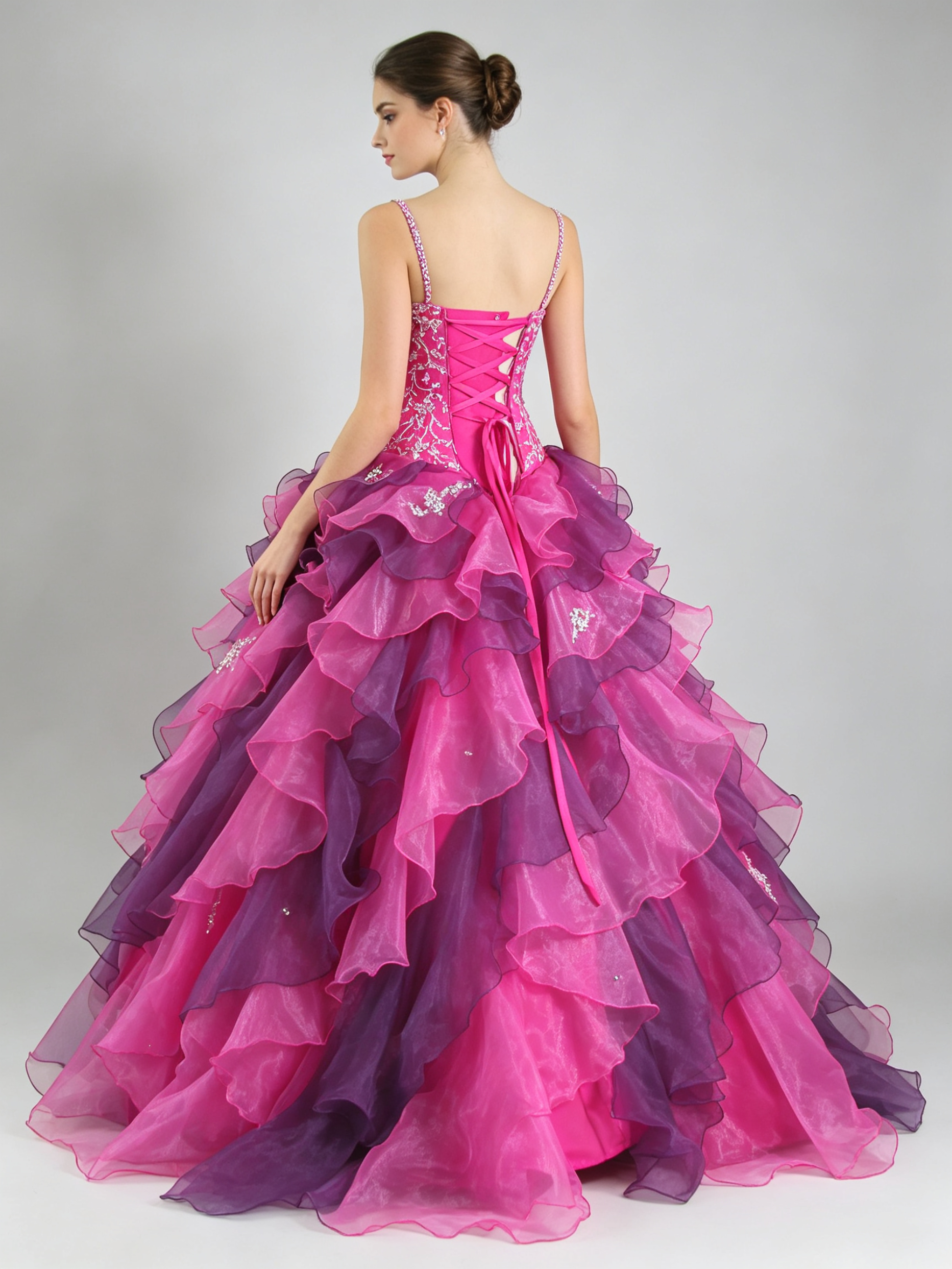 Hot Pink and Purple Quinceanera Ball Gown Spaghetti Strap Crystal Beaded Lace Applique Organza Ruffle Prom Sweet Sixteen Pageant Formal Dress