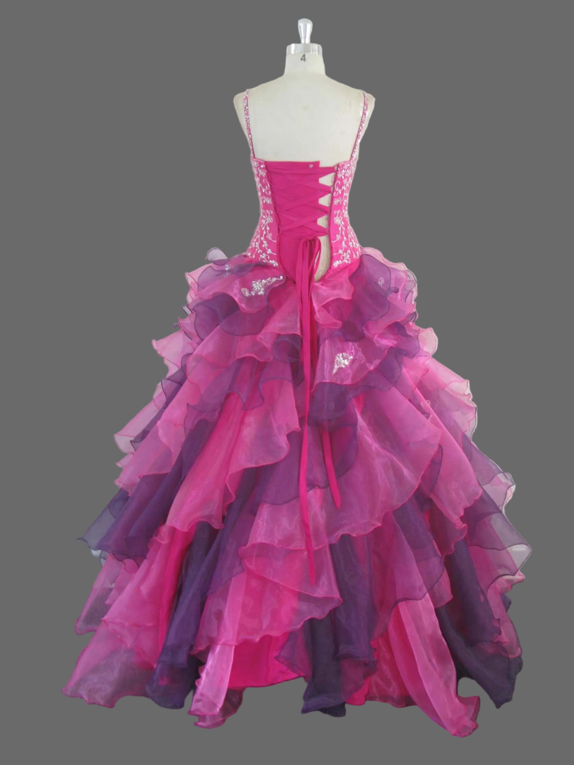 Hot Pink and Purple Quinceanera Ball Gown Spaghetti Strap Crystal Beaded Lace Applique Organza Ruffle Prom Sweet Sixteen Pageant Formal Dress