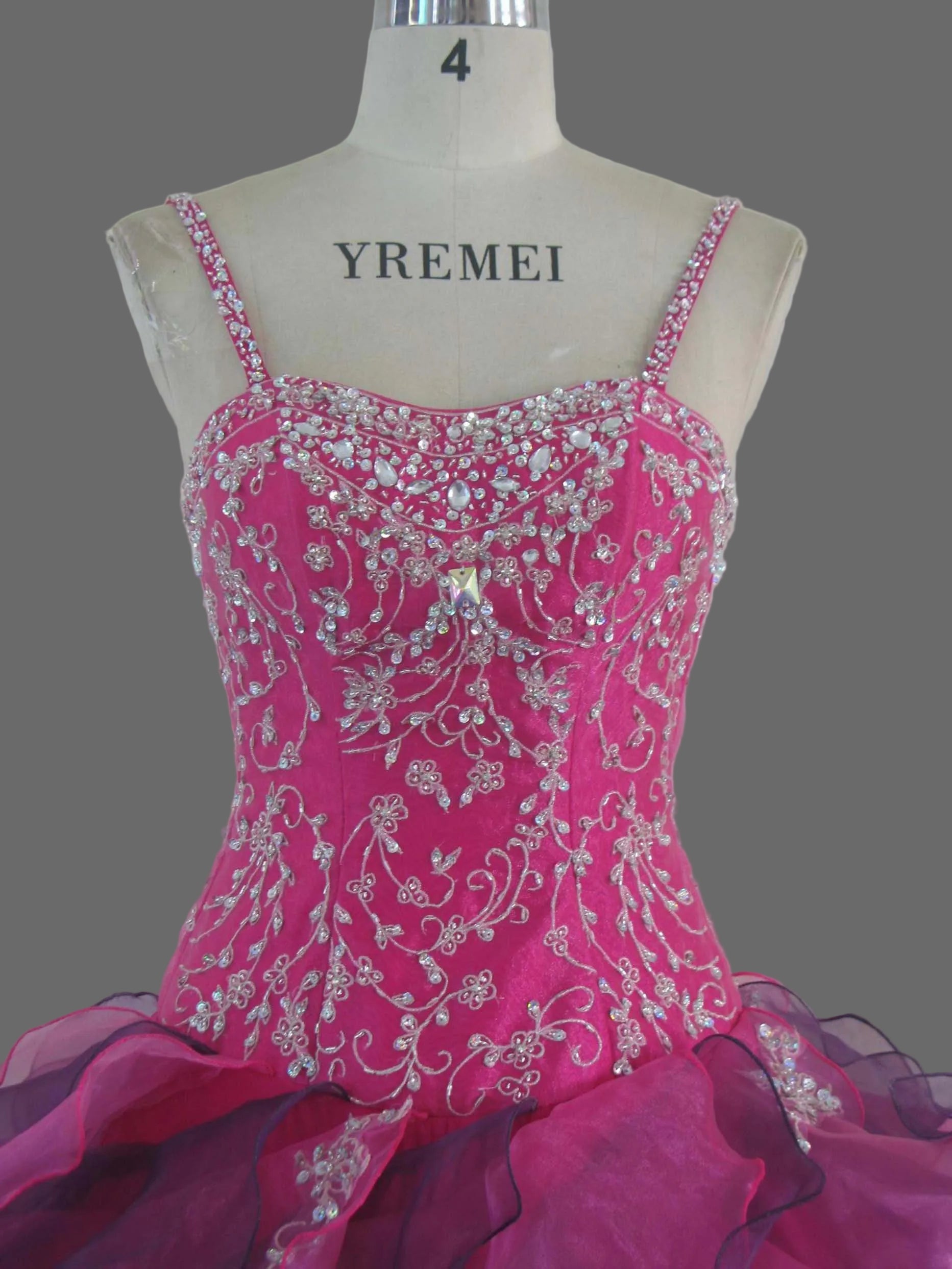 Hot Pink and Purple Quinceanera Ball Gown Spaghetti Strap Crystal Beaded Lace Applique Organza Ruffle Prom Sweet Sixteen Pageant Formal Dress