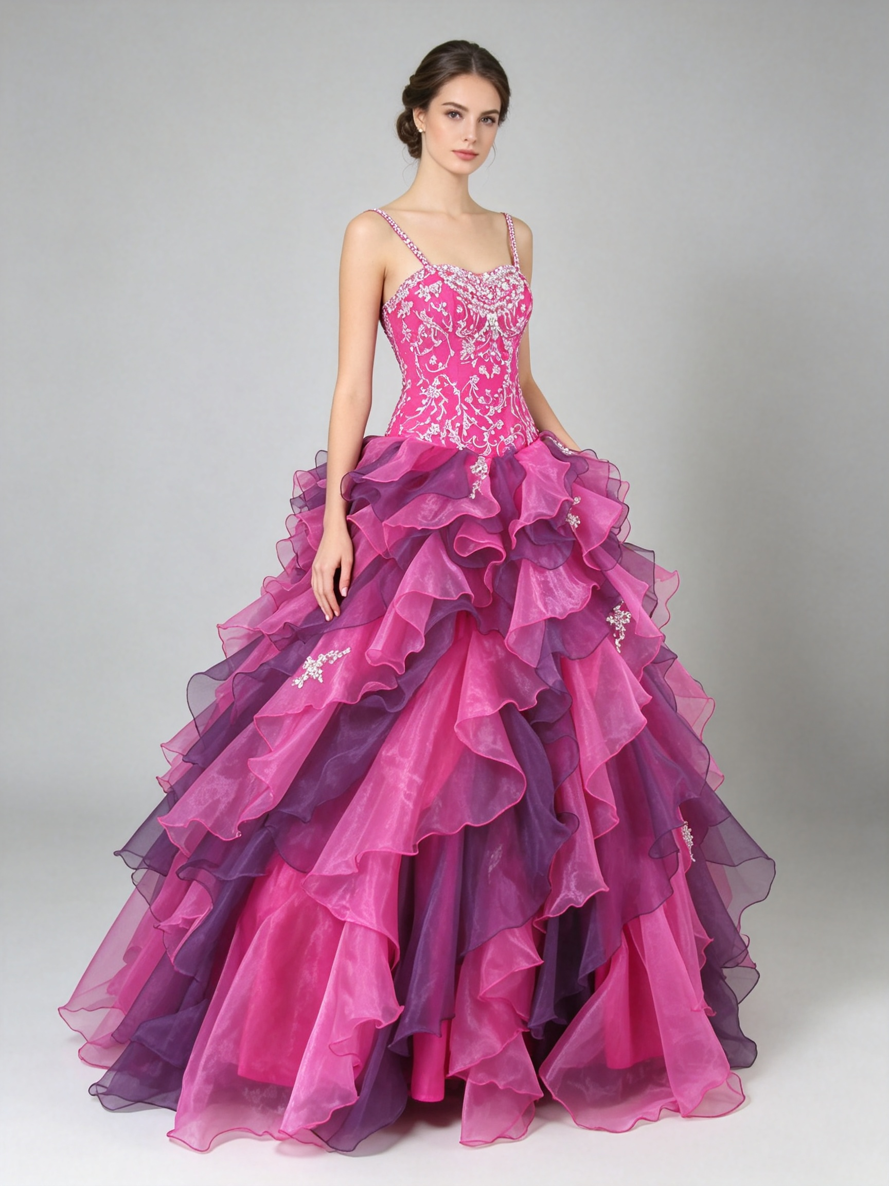 Hot Pink and Purple Quinceanera Ball Gown Spaghetti Strap Crystal Beaded Lace Applique Organza Ruffle Prom Sweet Sixteen Pageant Formal Dress