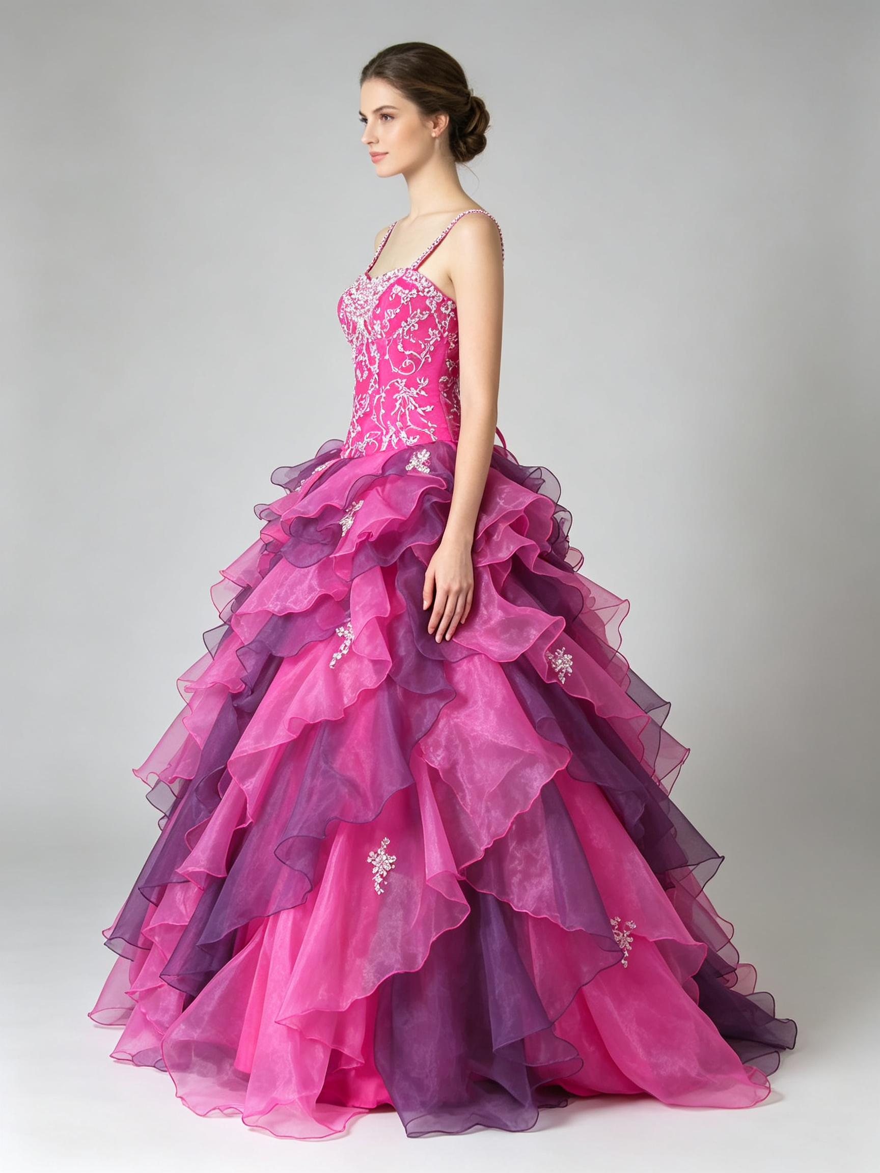 Hot Pink and Purple Quinceanera Ball Gown Spaghetti Strap Crystal Beaded Lace Applique Organza Ruffle Prom Sweet Sixteen Pageant Formal Dress