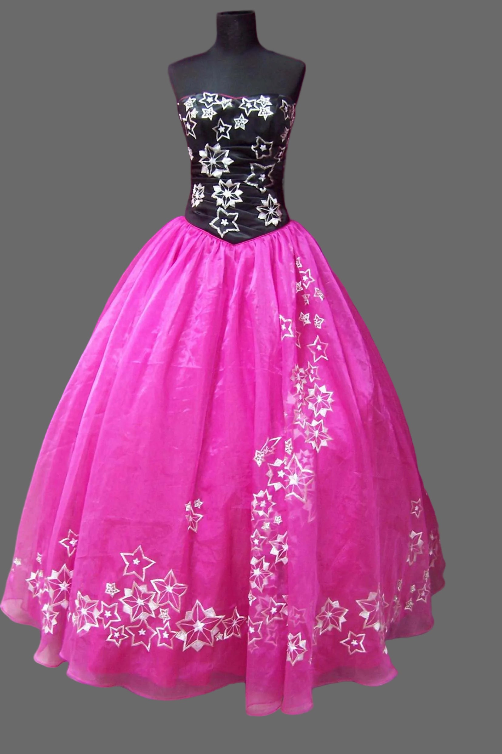 Hot Pink & Black Quinceanera Ball Gown | Strapless Star Embroidery Dress with Organza Skirt