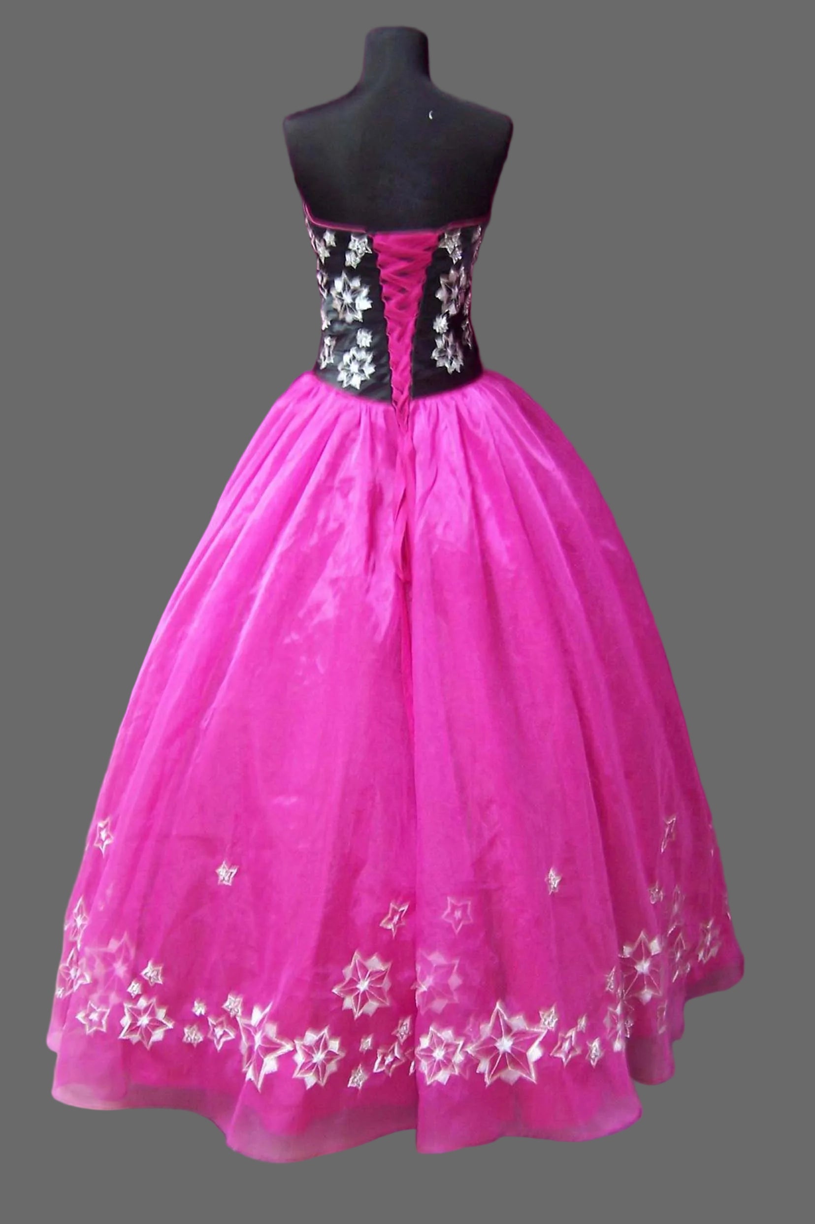 Hot Pink & Black Quinceanera Ball Gown | Strapless Star Embroidery Dress with Organza Skirt