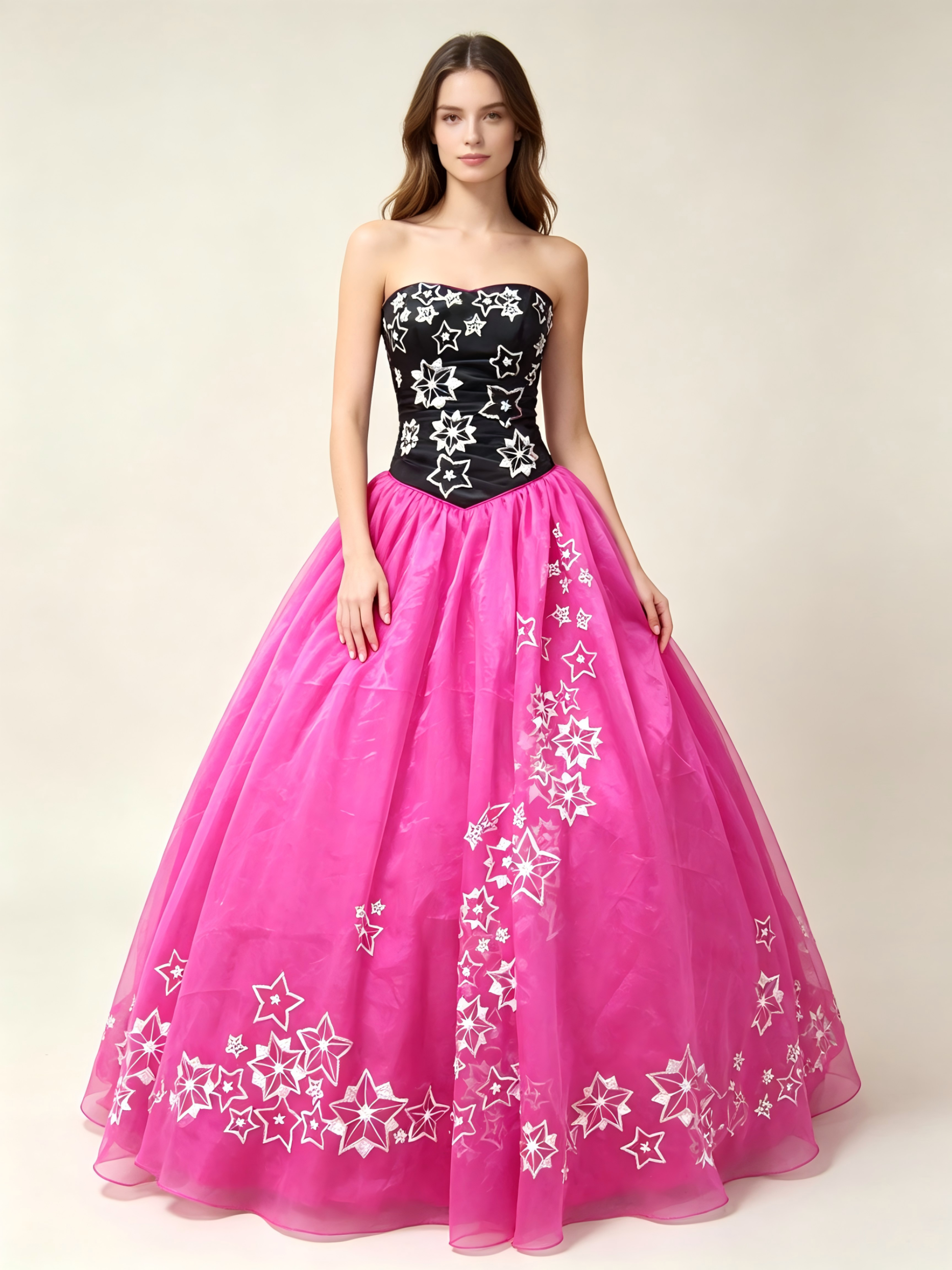 Hot Pink & Black Quinceanera Ball Gown | Strapless Star Embroidery Dress with Organza Skirt