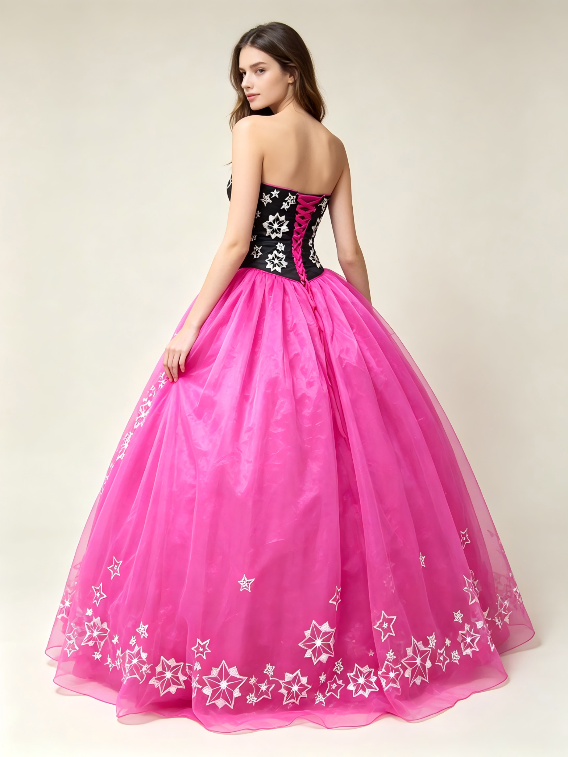 Hot Pink & Black Quinceanera Ball Gown | Strapless Star Embroidery Dress with Organza Skirt
