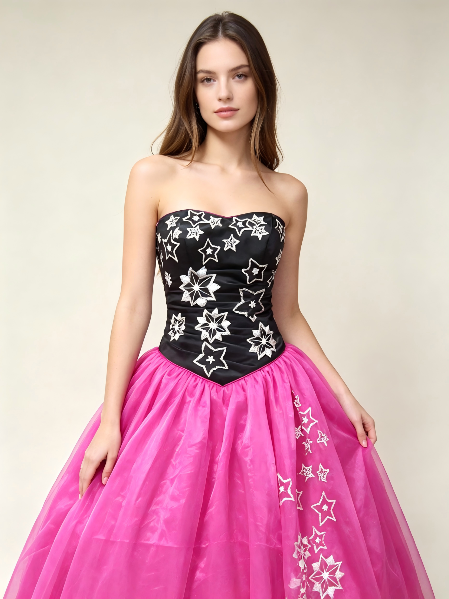 Hot Pink & Black Quinceanera Ball Gown | Strapless Star Embroidery Dress with Organza Skirt