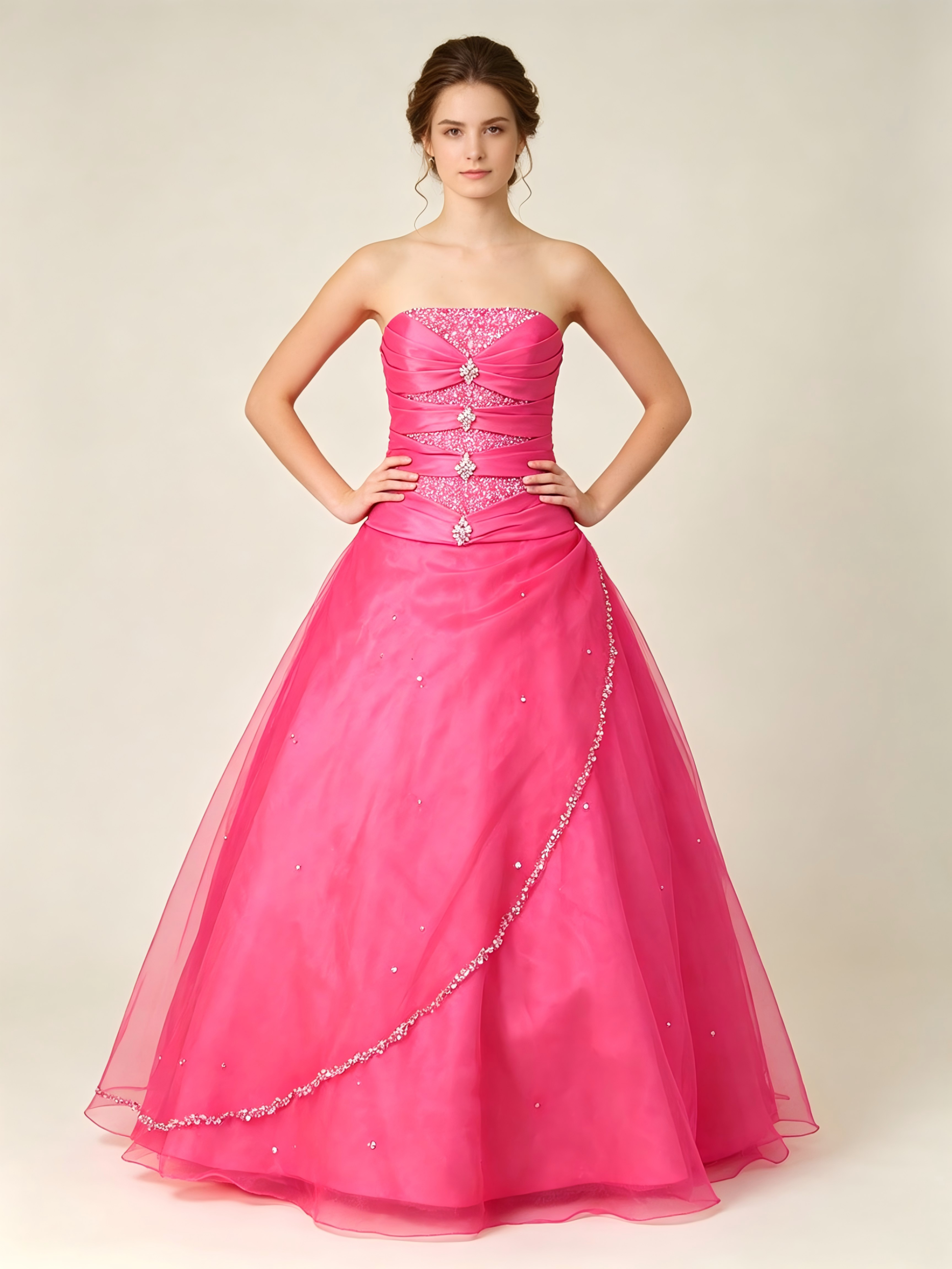 Hot Pink Quinceanera Ball Gown | Strapless Beaded Corset Dress with Layered Organza Skirt