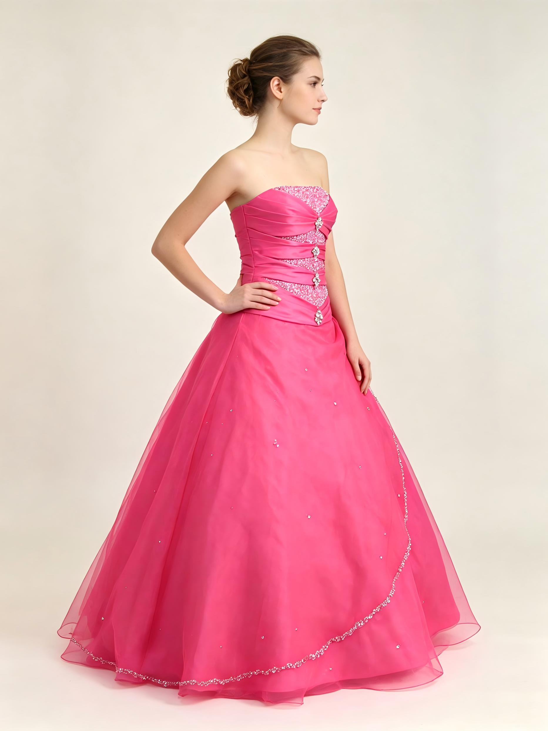 Hot Pink Quinceanera Ball Gown | Strapless Beaded Corset Dress with Layered Organza Skirt