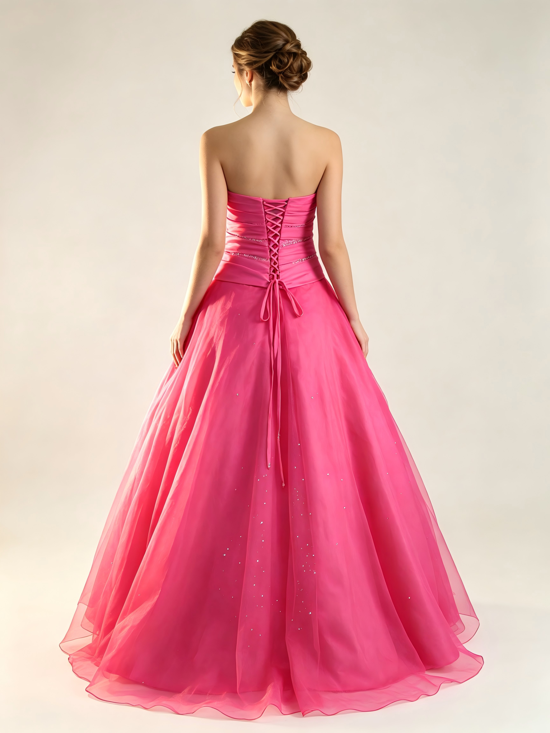 Hot Pink Quinceanera Ball Gown | Strapless Beaded Corset Dress with Layered Organza Skirt