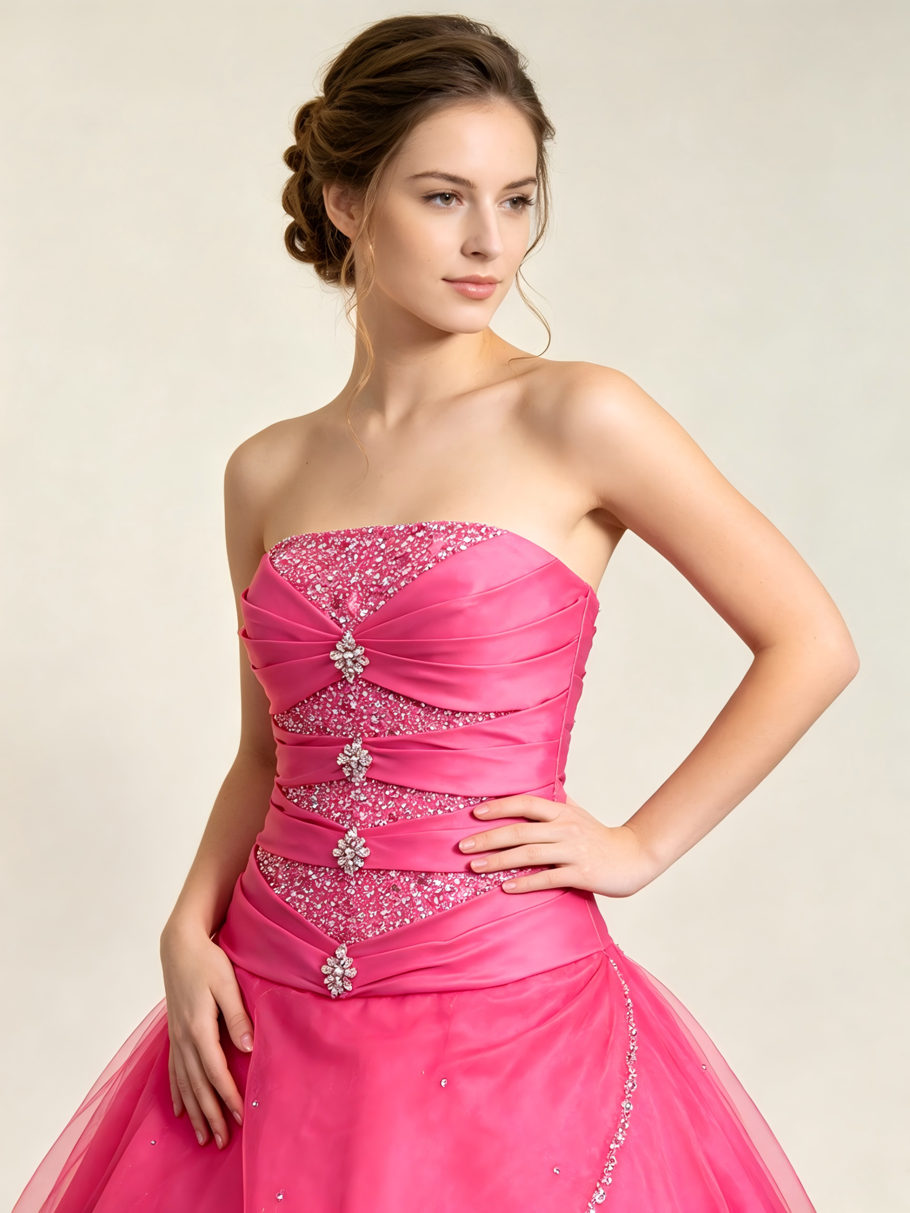 Hot Pink Quinceanera Ball Gown | Strapless Beaded Corset Dress with Layered Organza Skirt