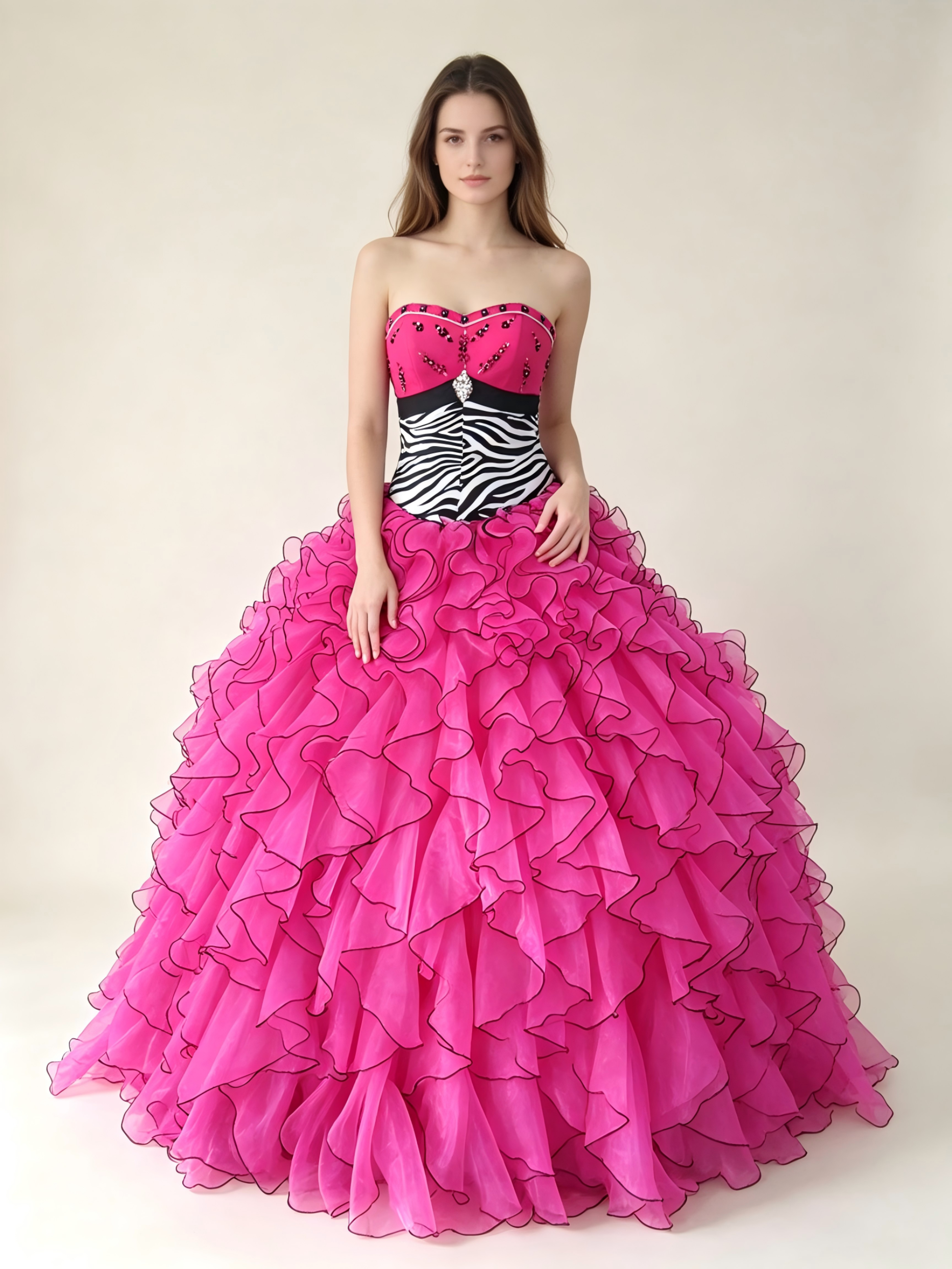 Hot Pink Quinceanera Ball Gown | Zebra Print Bodice & Ruffled Organza Skirt