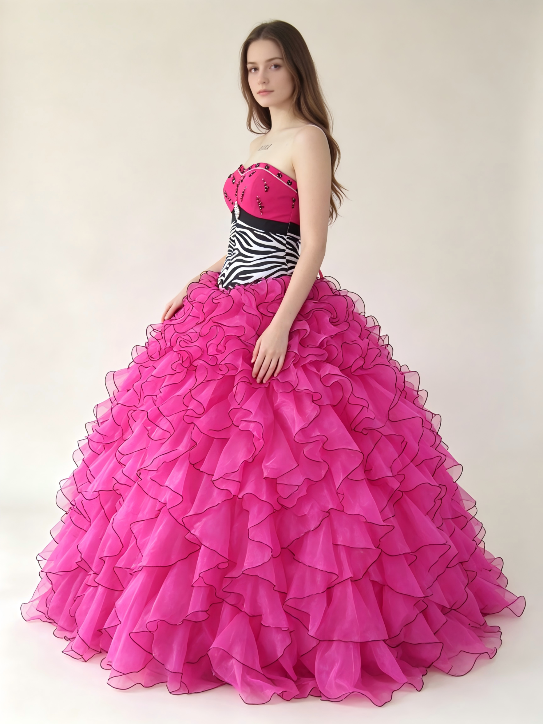 Hot Pink Quinceanera Ball Gown | Zebra Print Bodice & Ruffled Organza Skirt