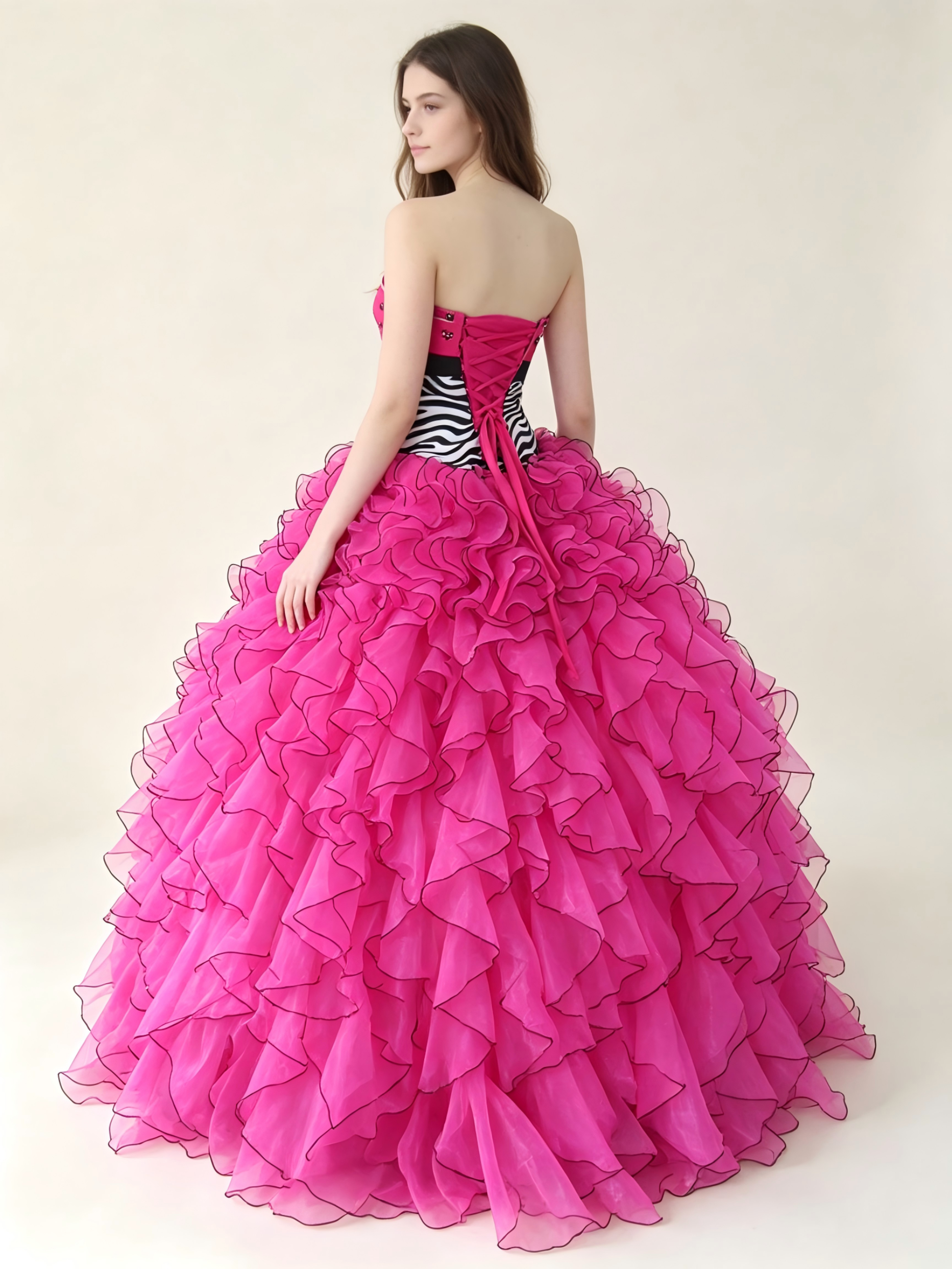 Hot Pink Quinceanera Ball Gown | Zebra Print Bodice & Ruffled Organza Skirt