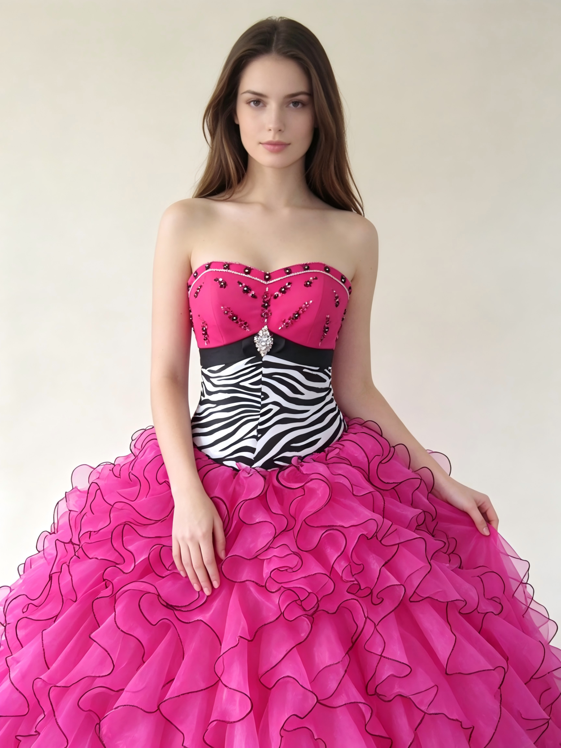 Hot Pink Quinceanera Ball Gown | Zebra Print Bodice & Ruffled Organza Skirt