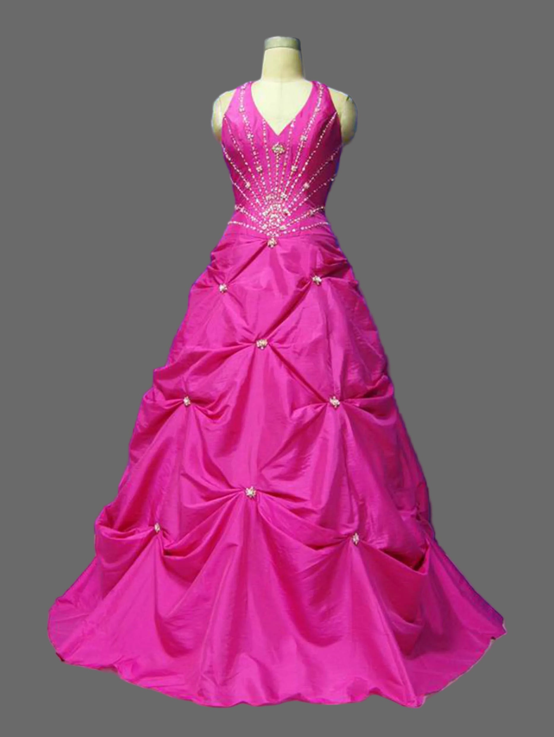 Hot Pink Taffeta Ball Gown Halter V-Neck Rhinestone Beaded Bodice Pick-Up Skirt Wedding Dress Quinceanera