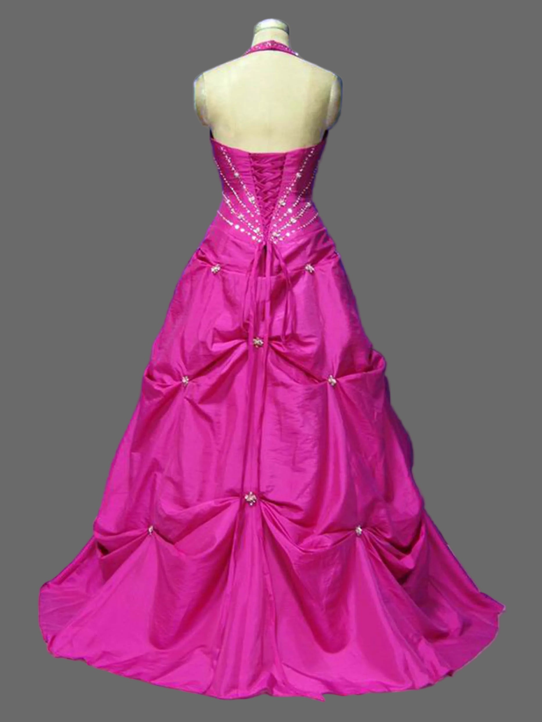 Hot Pink Taffeta Ball Gown Halter V-Neck Rhinestone Beaded Bodice Pick-Up Skirt Wedding Dress Quinceanera