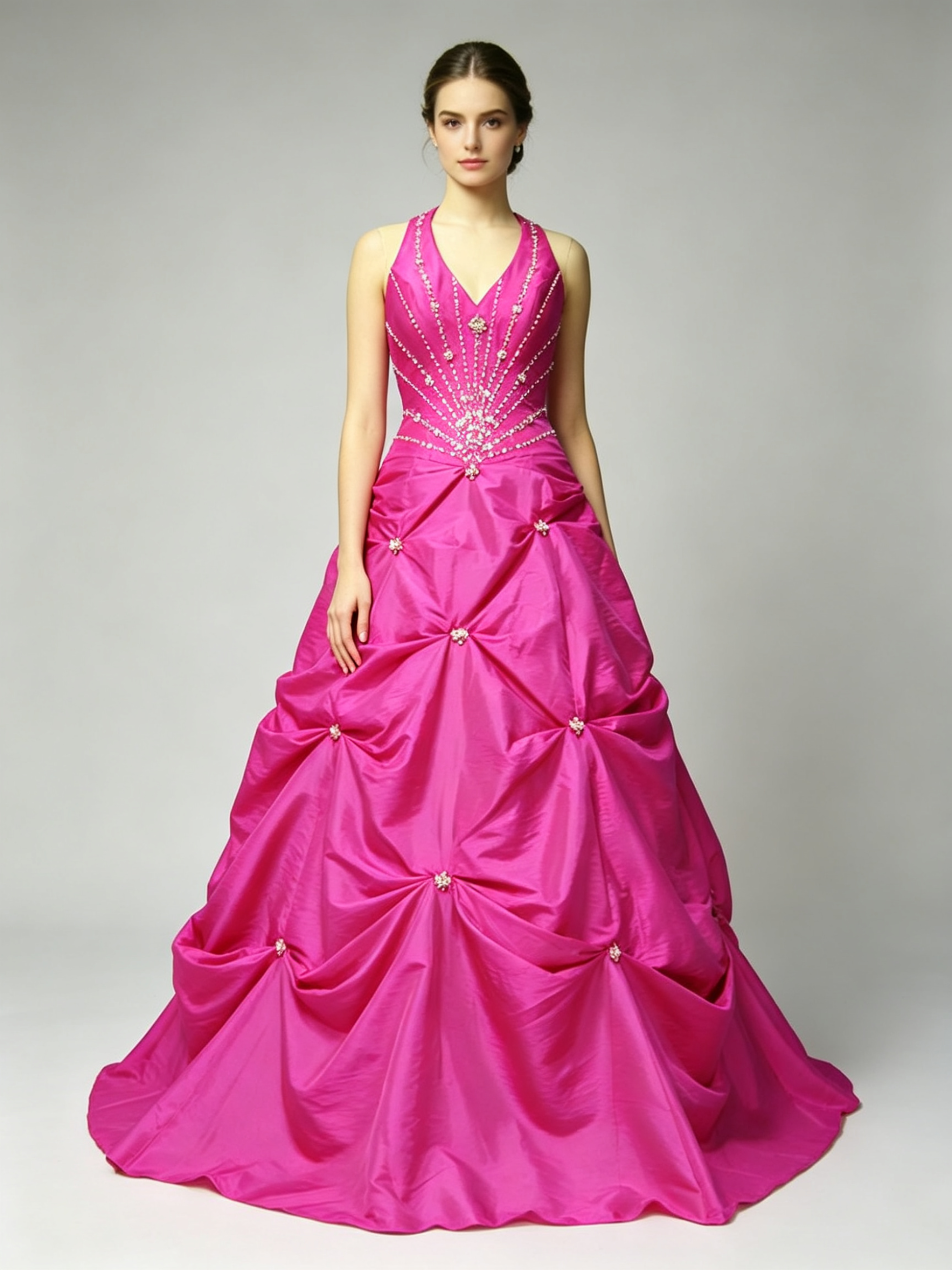 Hot Pink Taffeta Ball Gown Halter V-Neck Rhinestone Beaded Bodice Pick-Up Skirt Wedding Dress Quinceanera