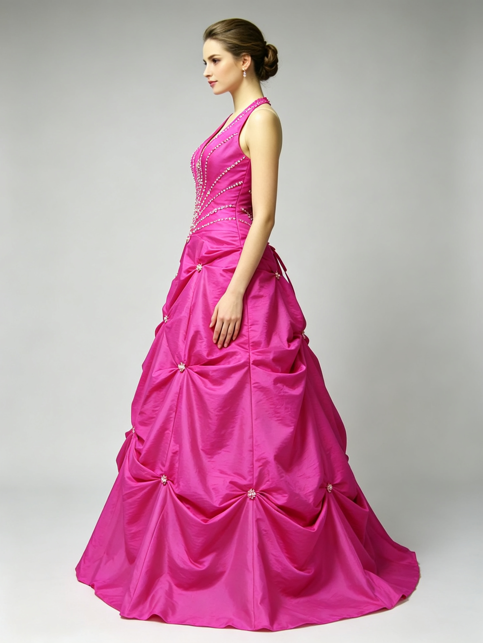 Hot Pink Taffeta Ball Gown Halter V-Neck Rhinestone Beaded Bodice Pick-Up Skirt Wedding Dress Quinceanera