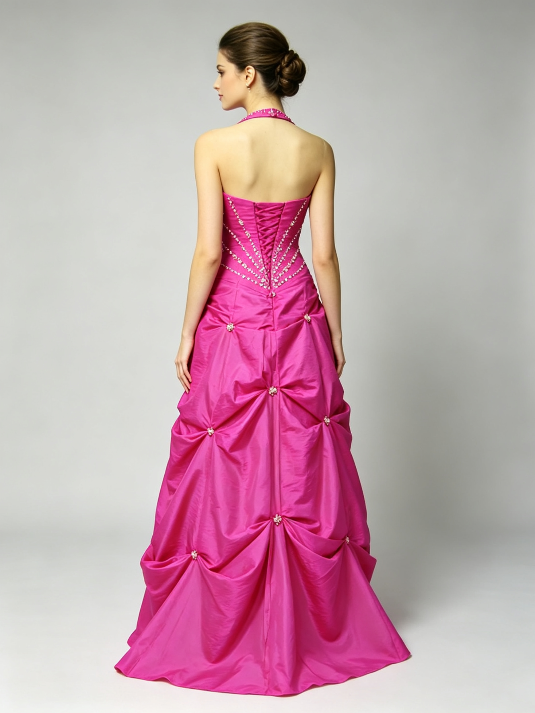 Hot Pink Taffeta Ball Gown Halter V-Neck Rhinestone Beaded Bodice Pick-Up Skirt Wedding Dress Quinceanera