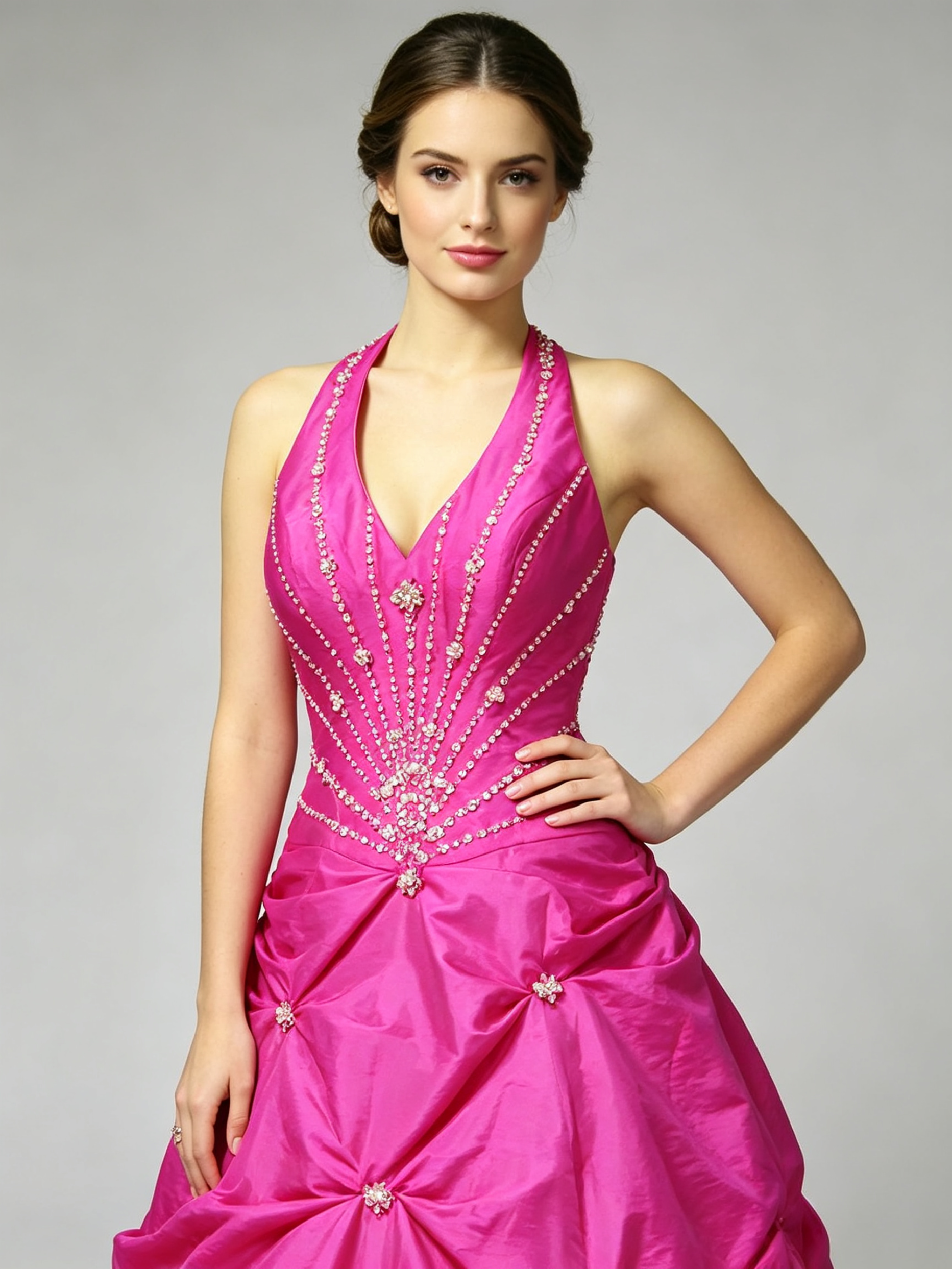 Hot Pink Taffeta Ball Gown Halter V-Neck Rhinestone Beaded Bodice Pick-Up Skirt Wedding Dress Quinceanera