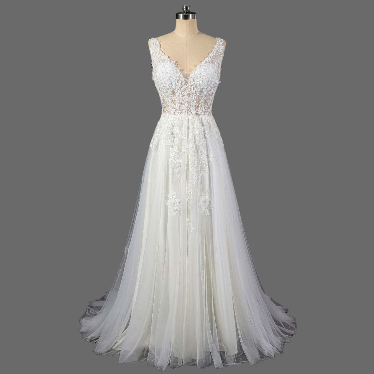 Hot Sale A-Line Lace Applique and Tulle Illusion Wedding Dress OneWedDress Hot Sale A-Line Lace Applique and Tulle Illusion Wedding Dress OneWedDress