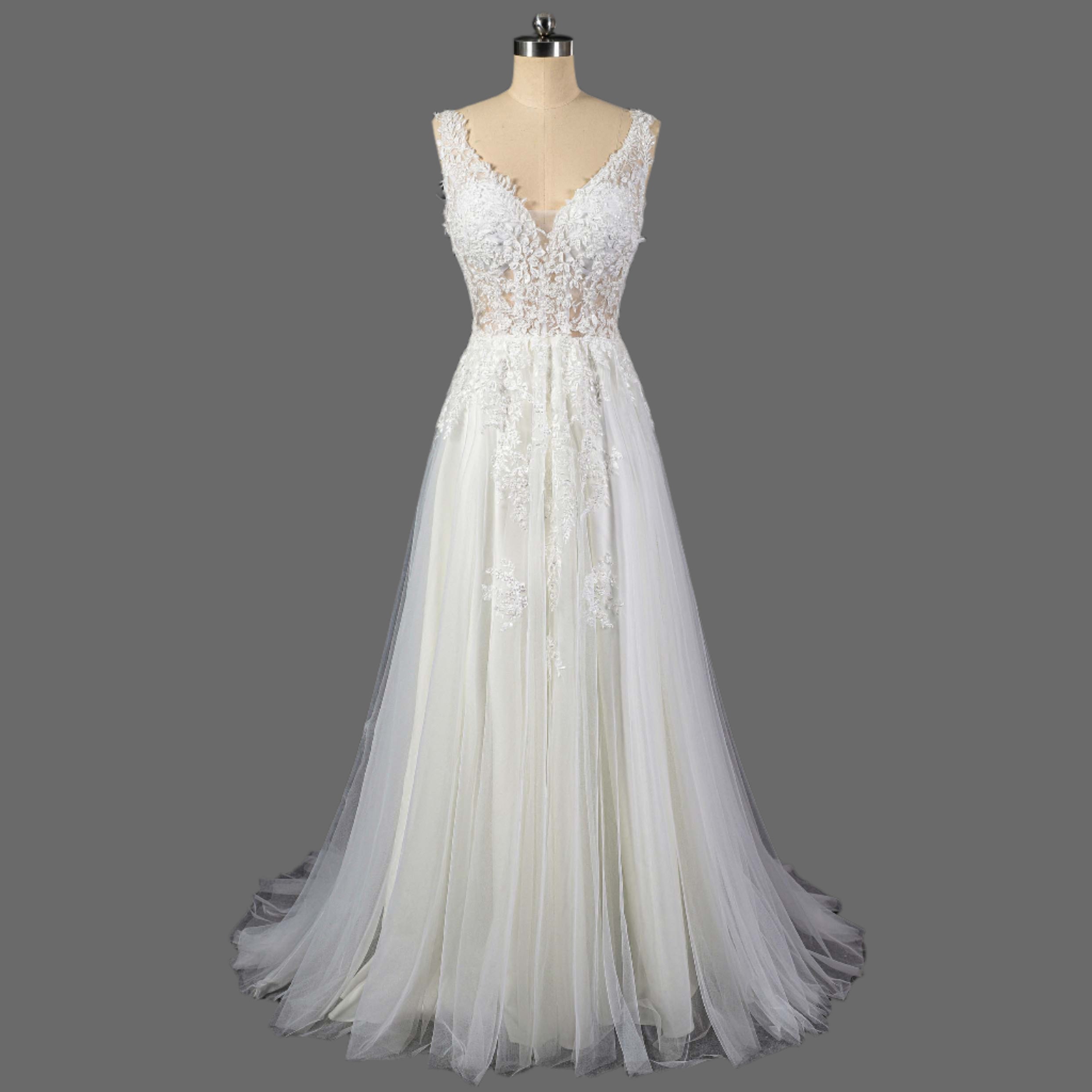 Hot Sale A-Line Lace Applique and Tulle Illusion Wedding Dress