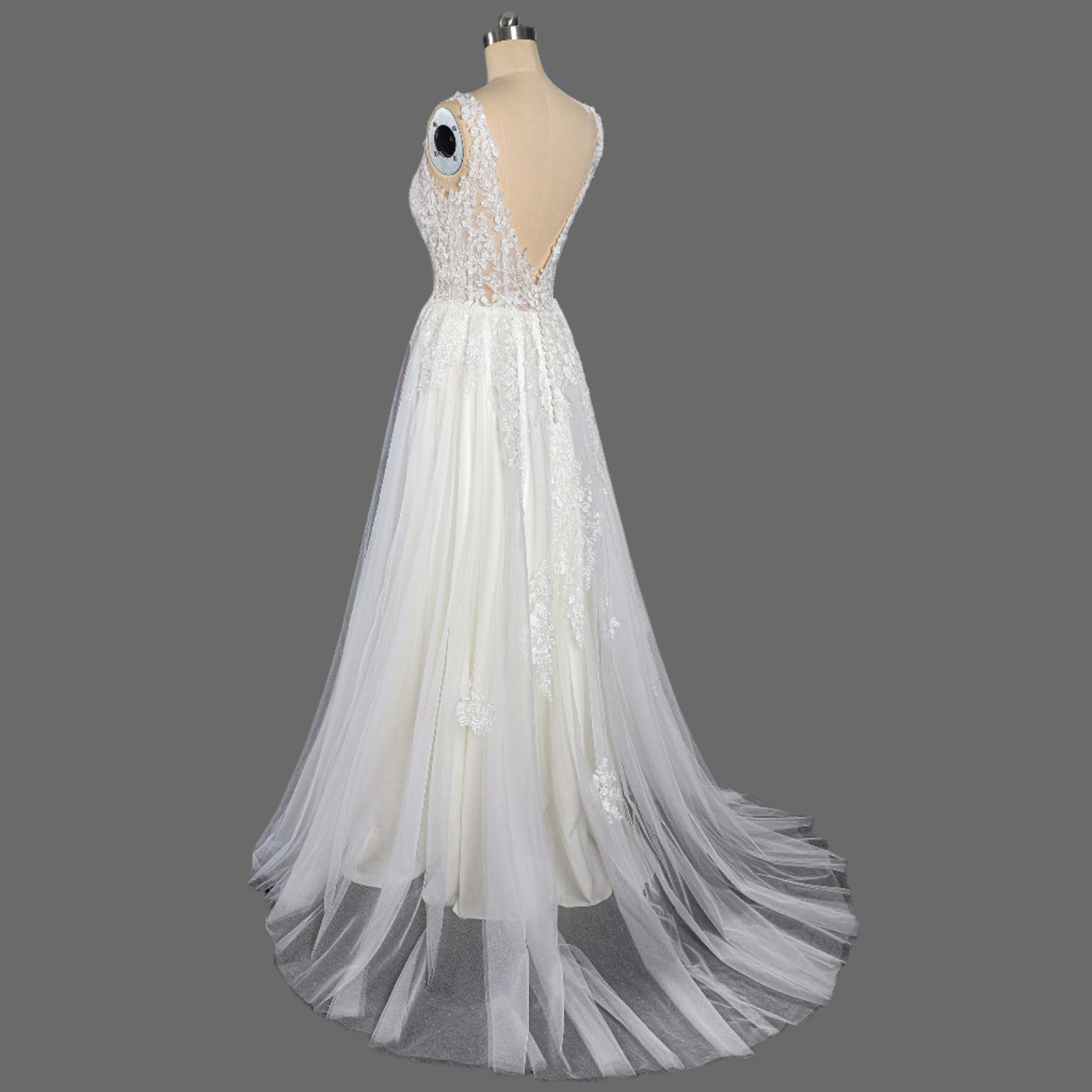 Hot Sale A-Line Lace Applique and Tulle Illusion Wedding Dress