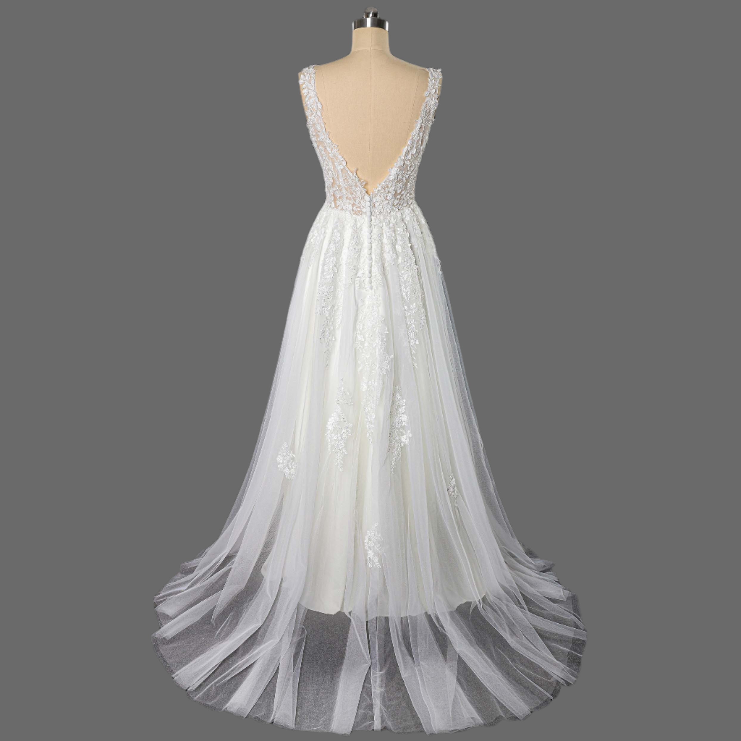 Hot Sale A-Line Lace Applique and Tulle Illusion Wedding Dress