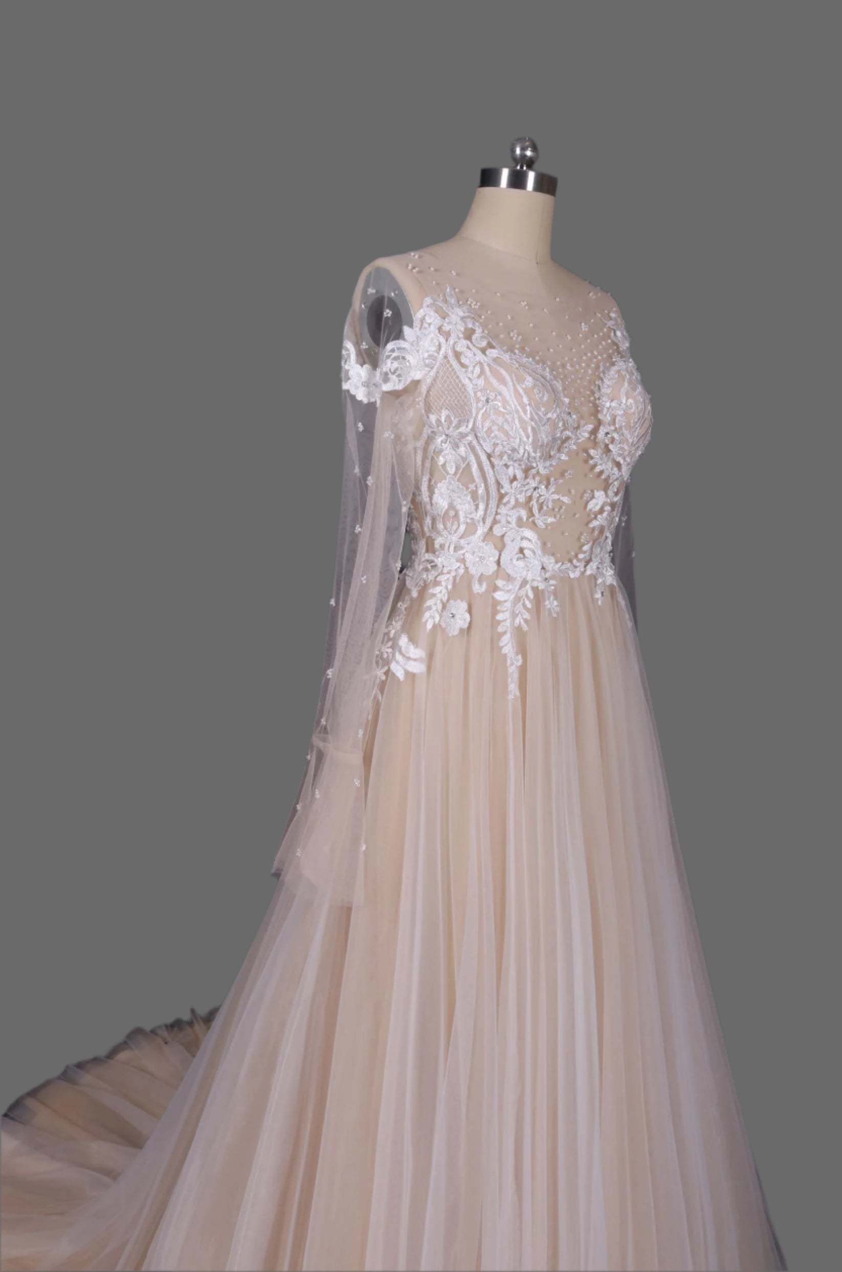 Hot sale Lace and Tulle A-Line Wedding Dress with Long Sleeves - Designer Bridal Gown for the Modern Bride