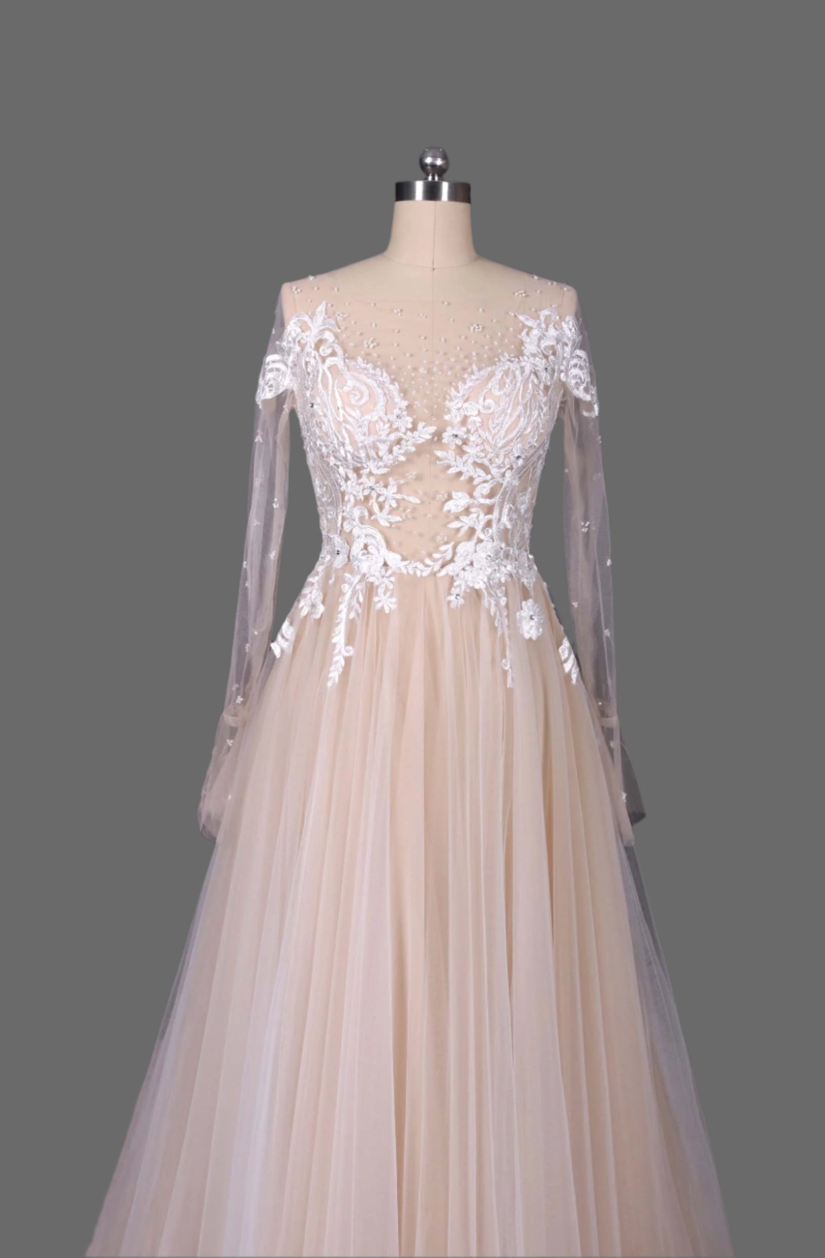 Hot sale Lace and Tulle A-Line Wedding Dress with Long Sleeves - Designer Bridal Gown for the Modern Bride