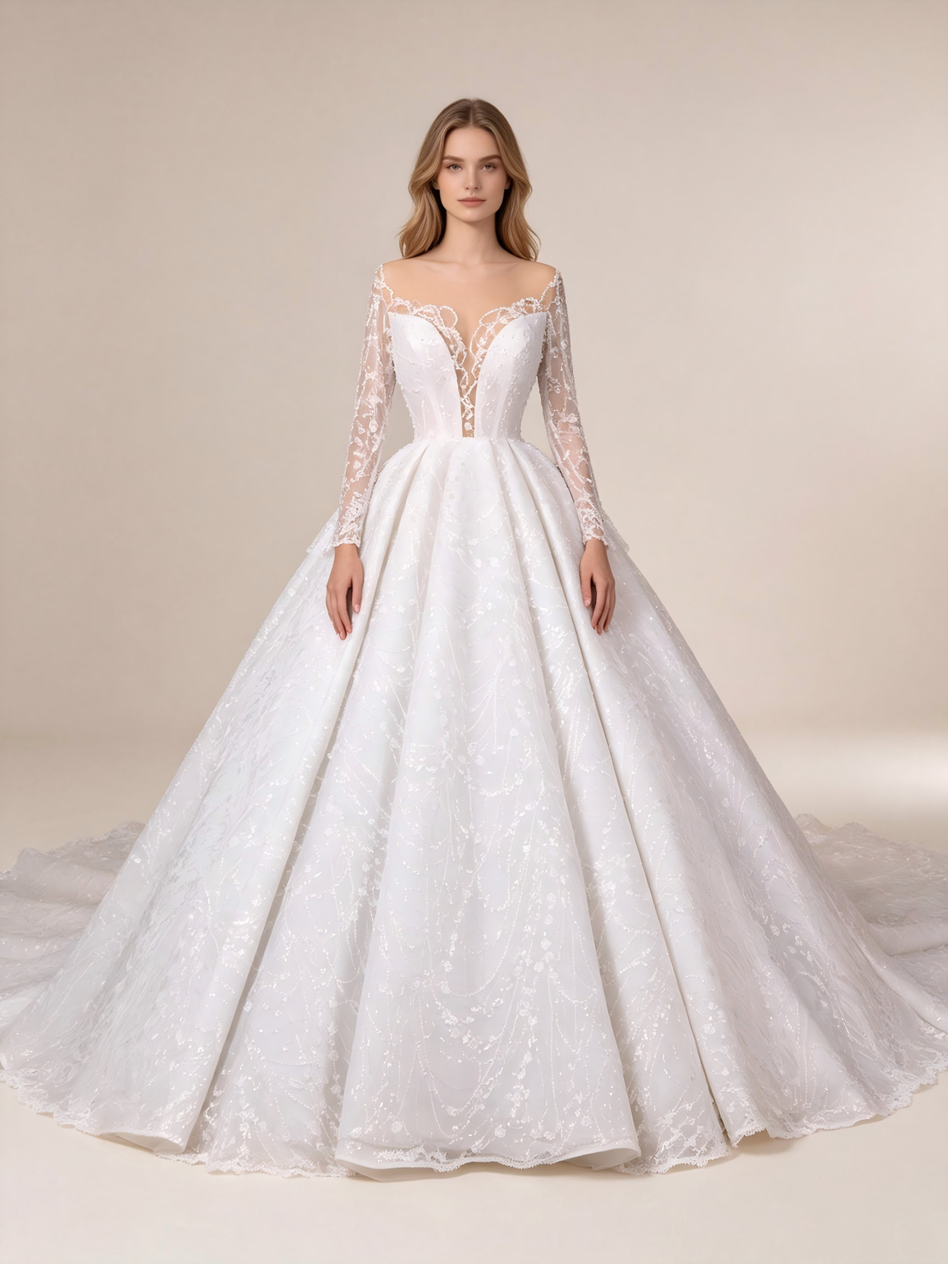 Illusion Long Sleeve Ball Gown Wedding Dress