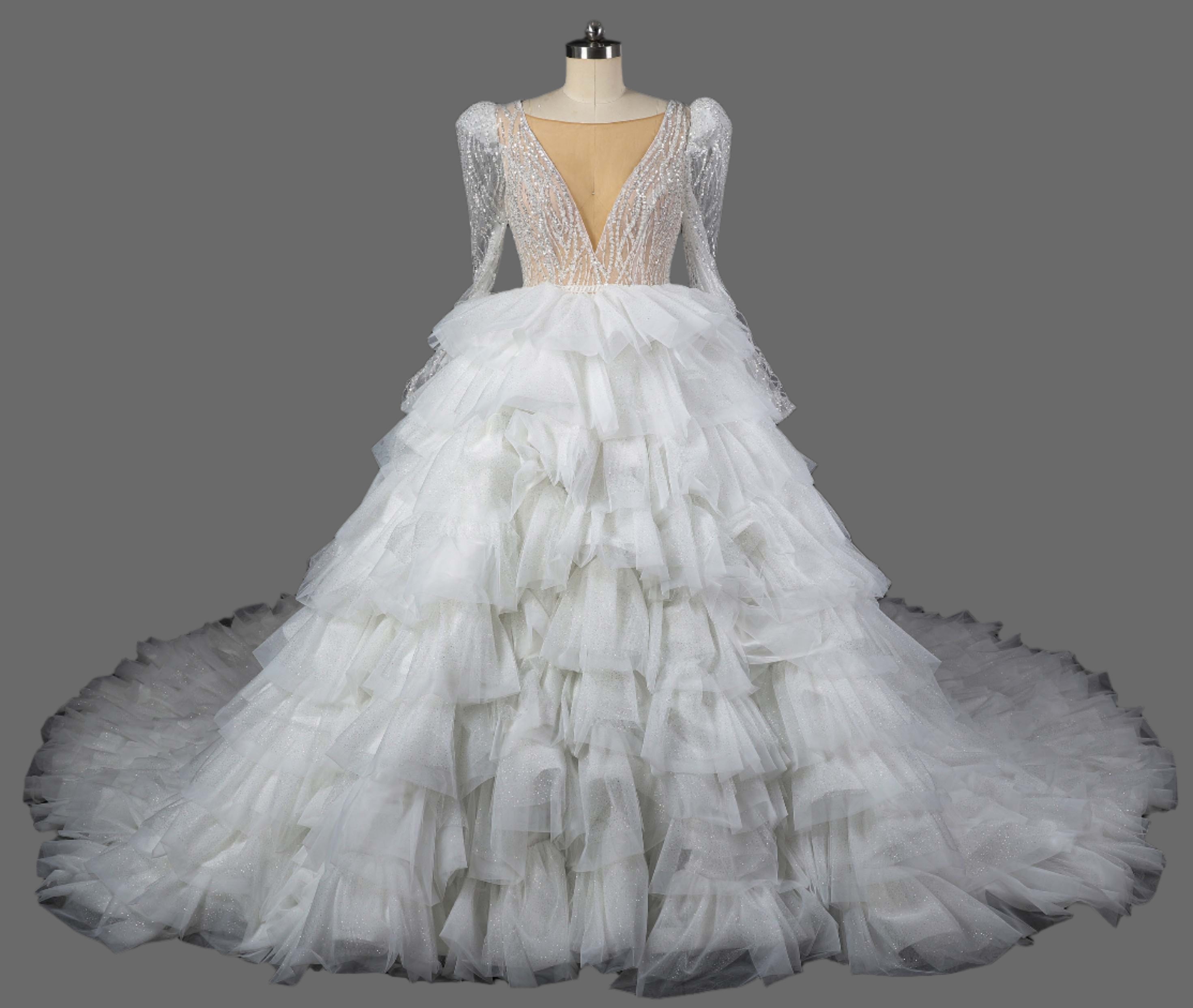 Illusion V-Neck Multi-Layer Beading Ball Gown Wedding Dress