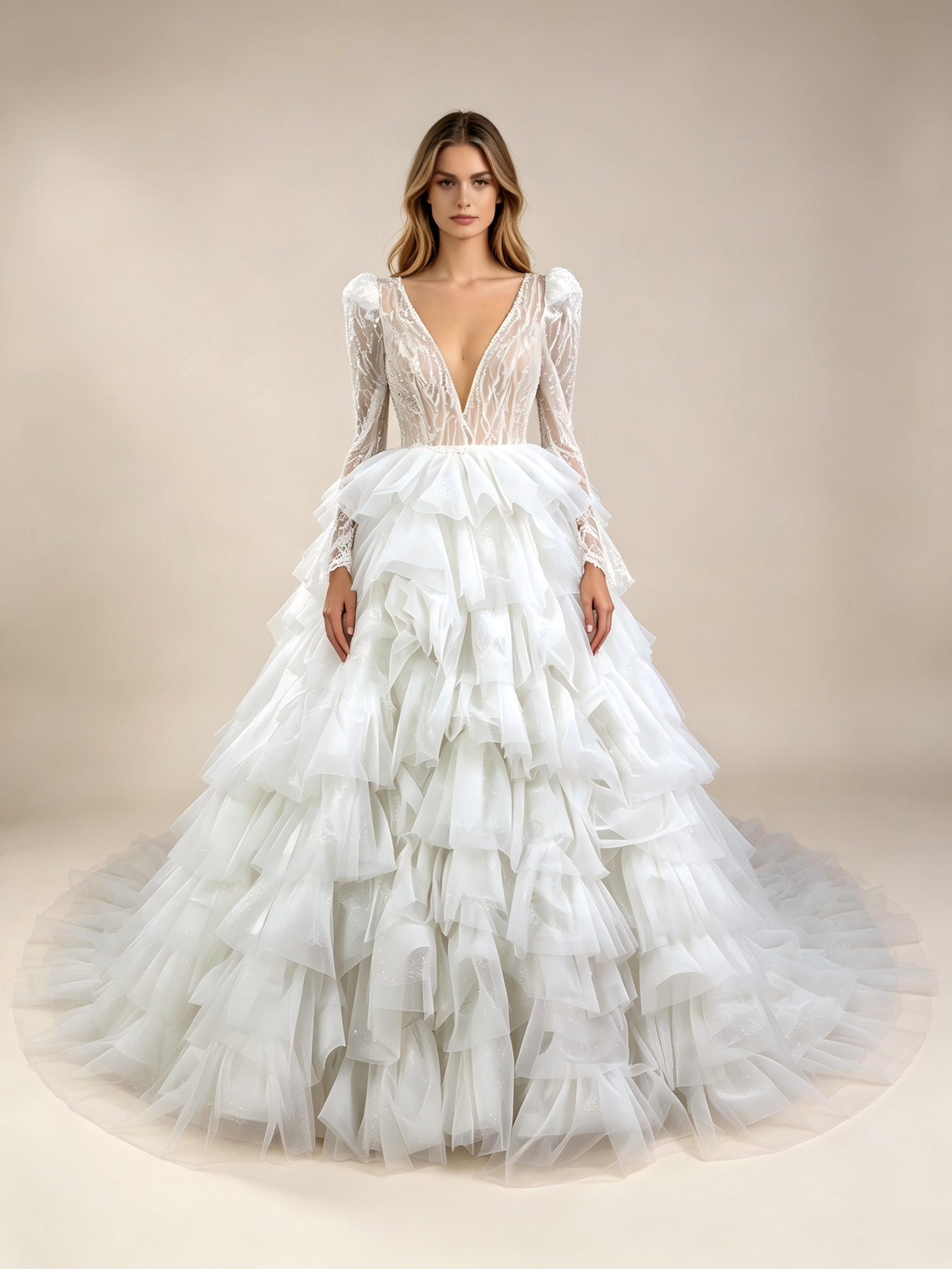 Illusion V-Neck Multi-Layer Beading Ball Gown Wedding Dress