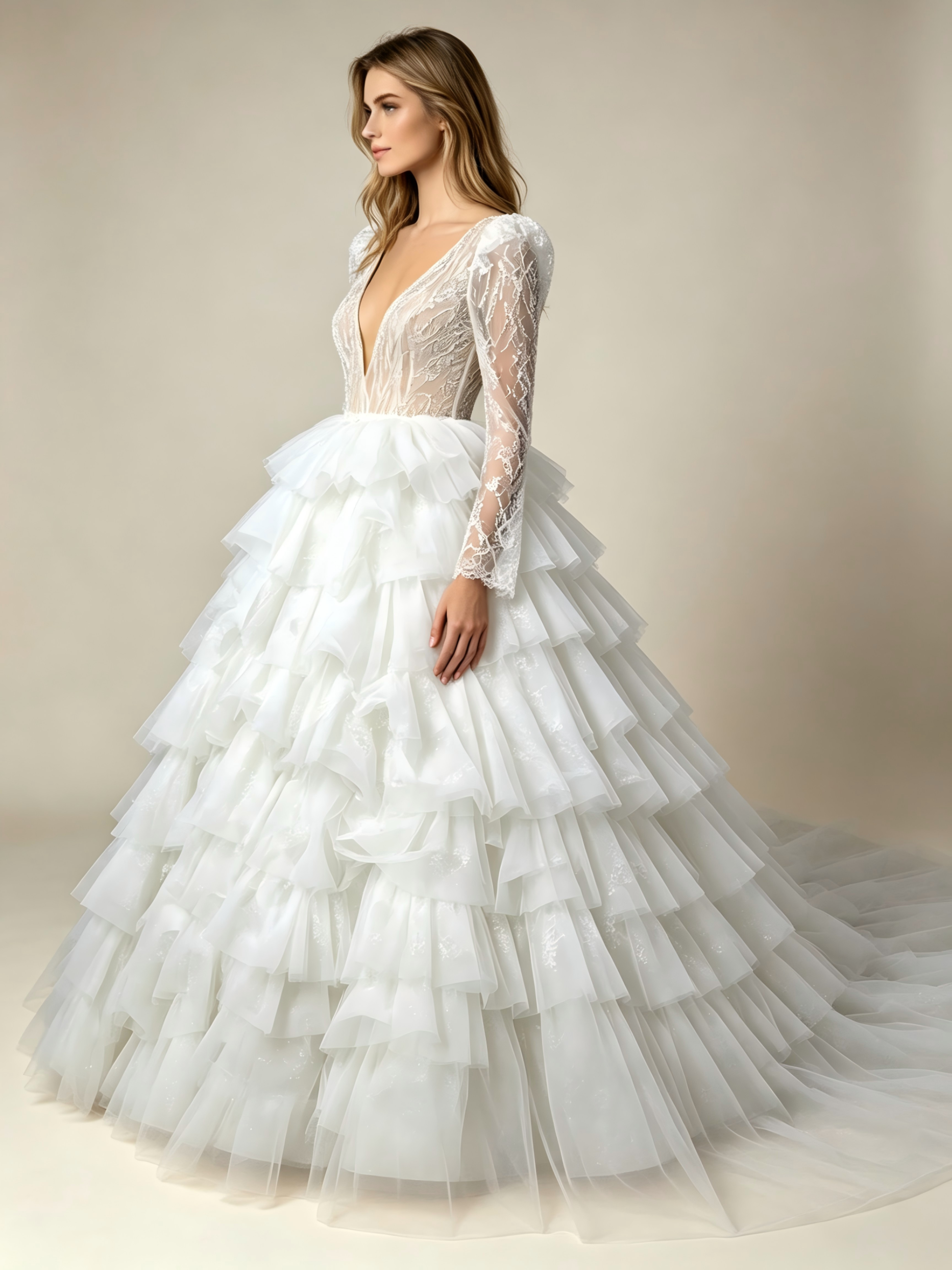 Illusion V-Neck Multi-Layer Beading Ball Gown Wedding Dress