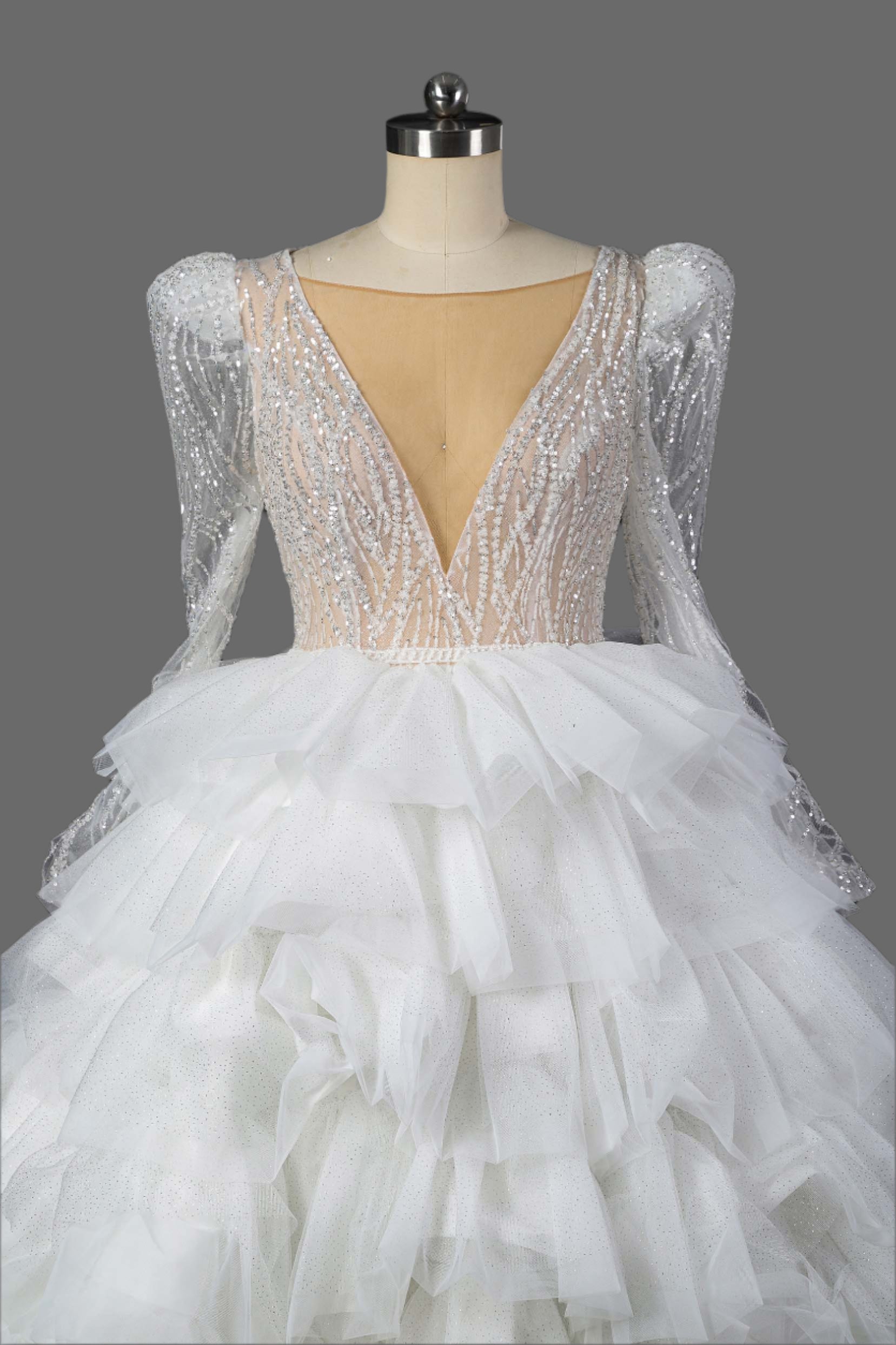 Illusion V-Neck Multi-Layer Beading Ball Gown Wedding Dress