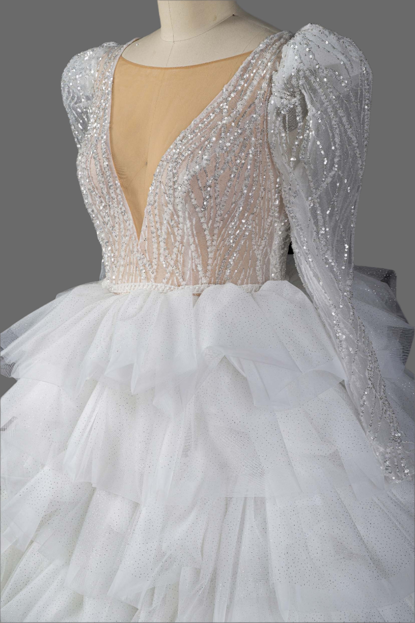 Illusion V-Neck Multi-Layer Beading Ball Gown Wedding Dress