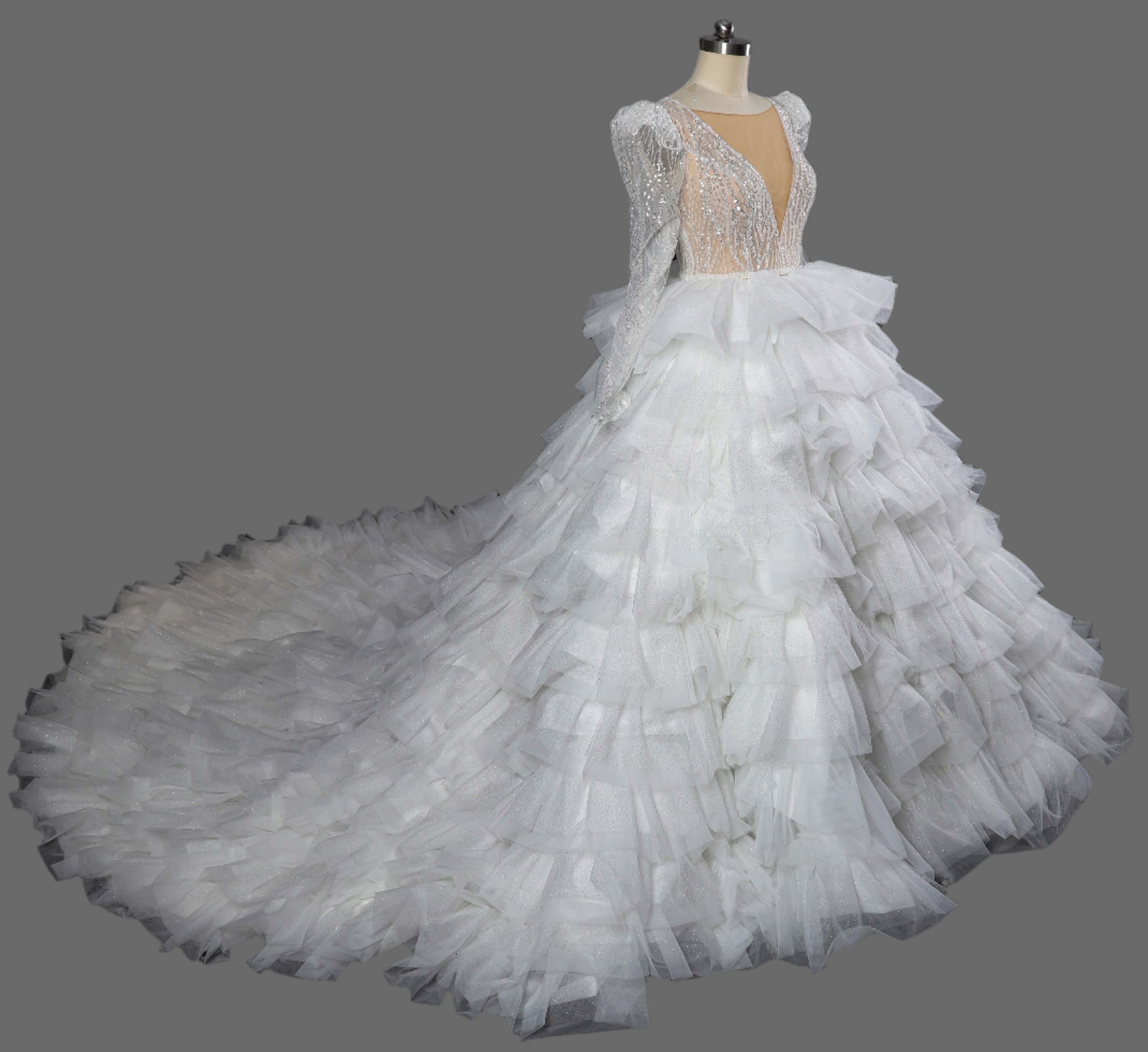 Illusion V-Neck Multi-Layer Beading Ball Gown Wedding Dress