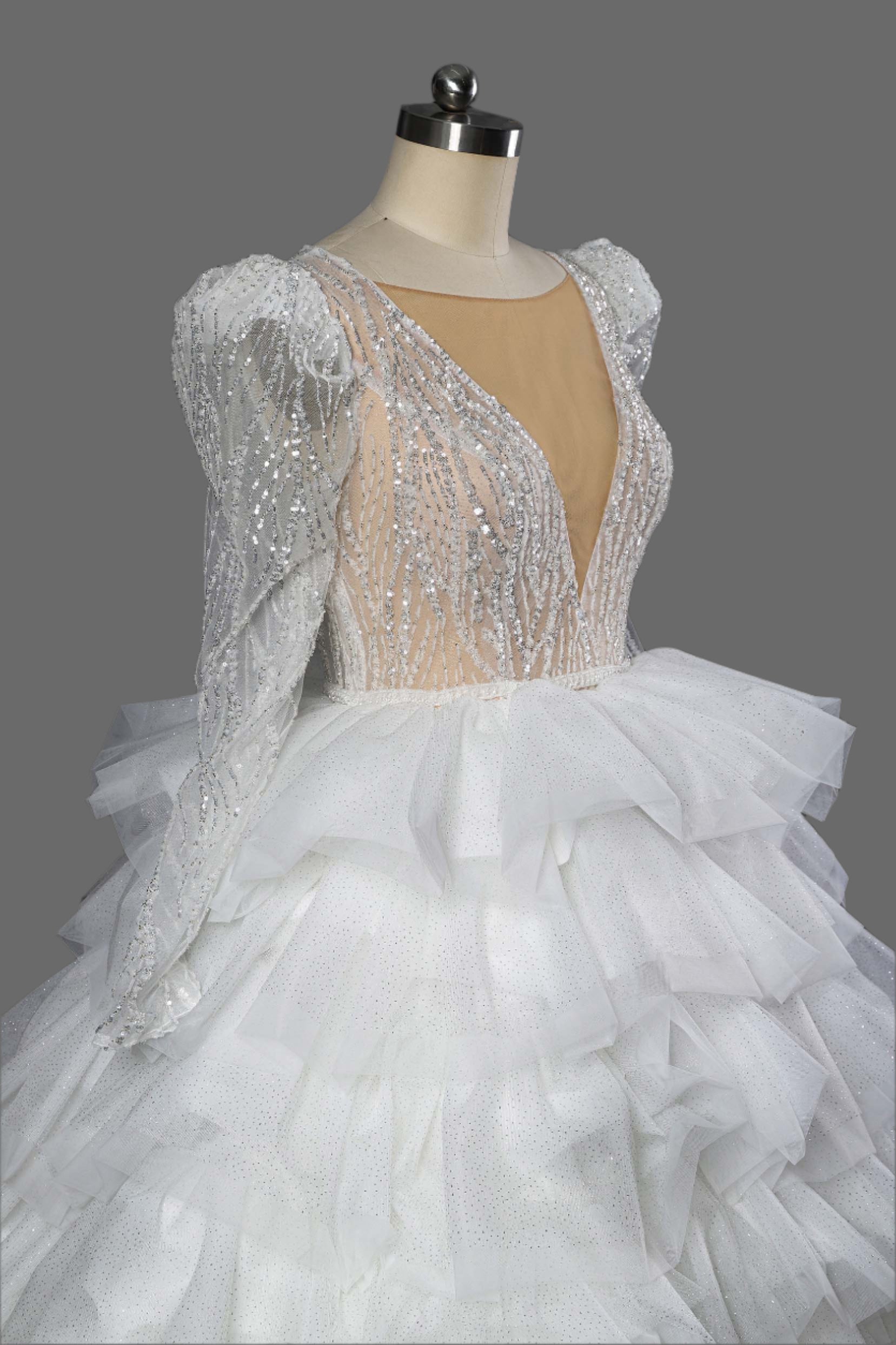 Illusion V-Neck Multi-Layer Beading Ball Gown Wedding Dress