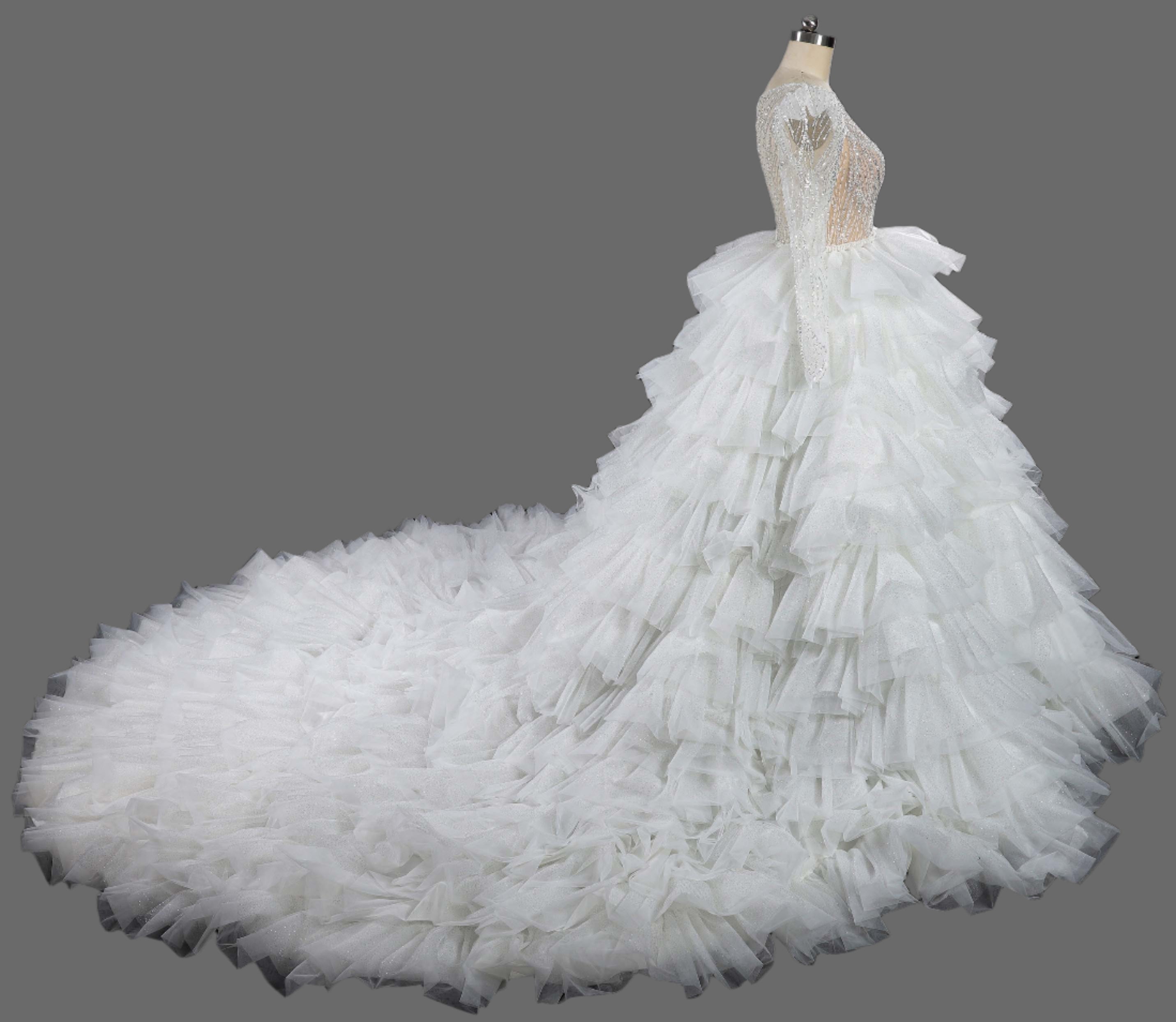 Illusion V-Neck Multi-Layer Beading Ball Gown Wedding Dress