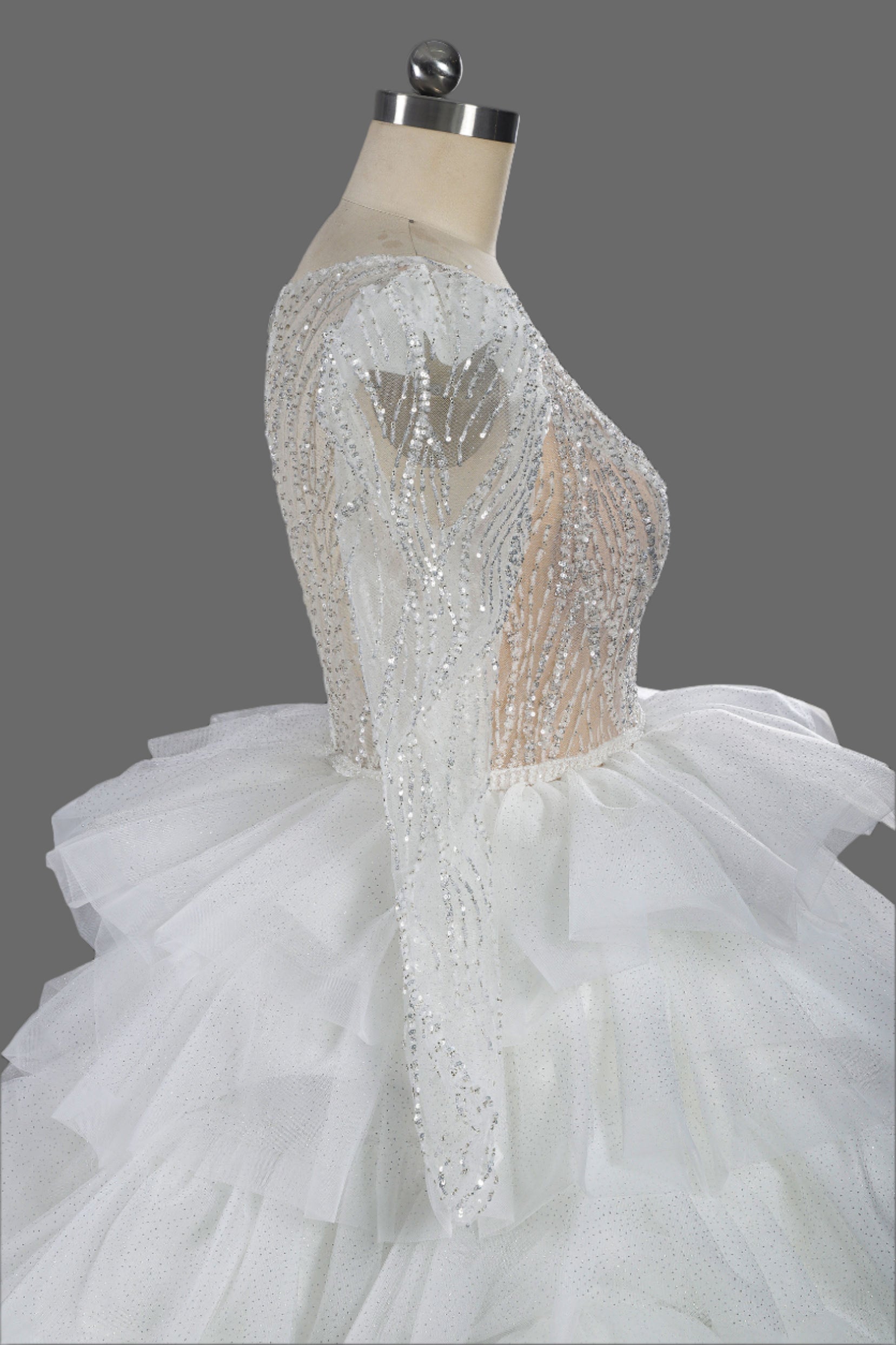 Illusion V-Neck Multi-Layer Beading Ball Gown Wedding Dress