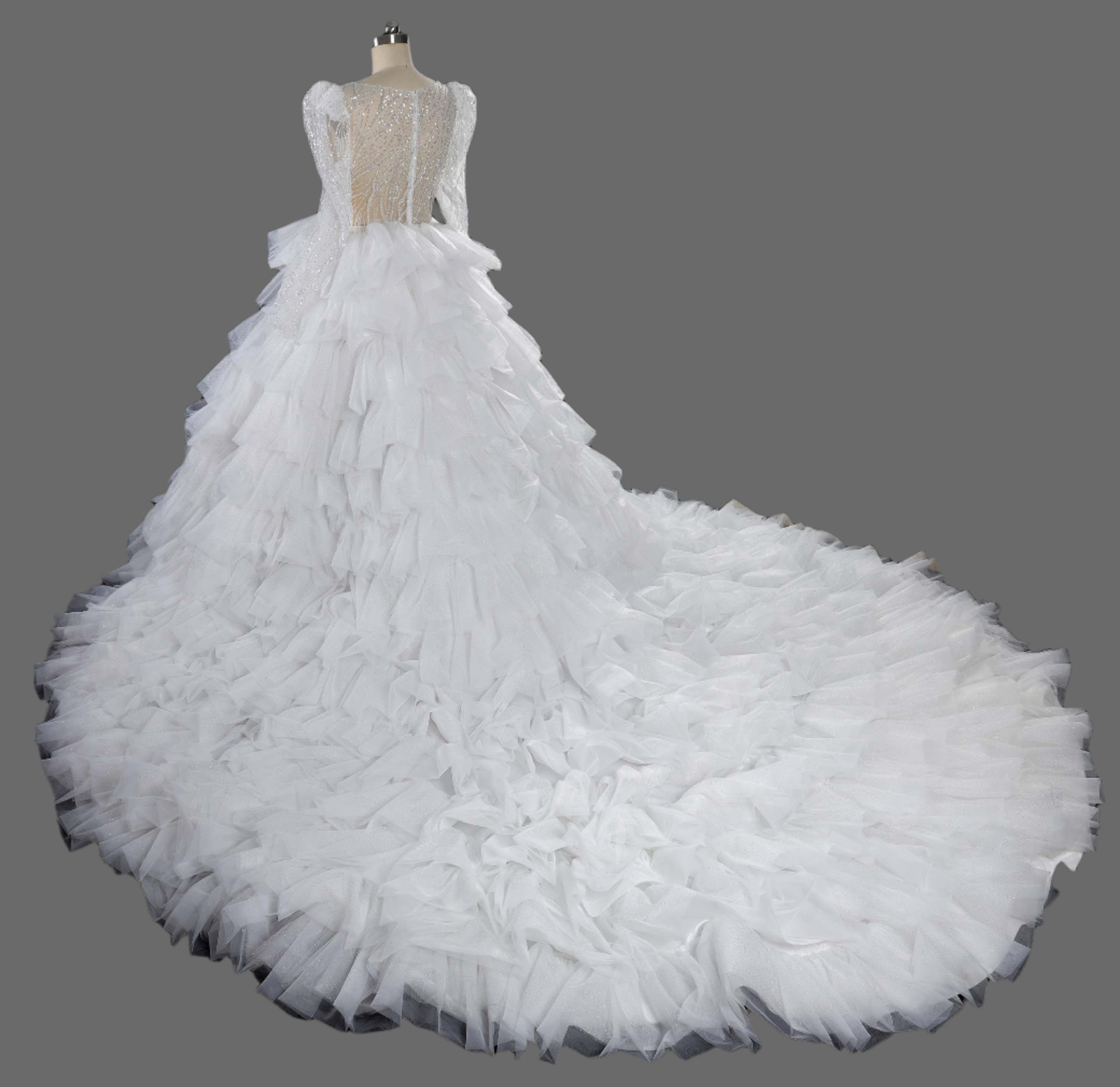 Illusion V-Neck Multi-Layer Beading Ball Gown Wedding Dress