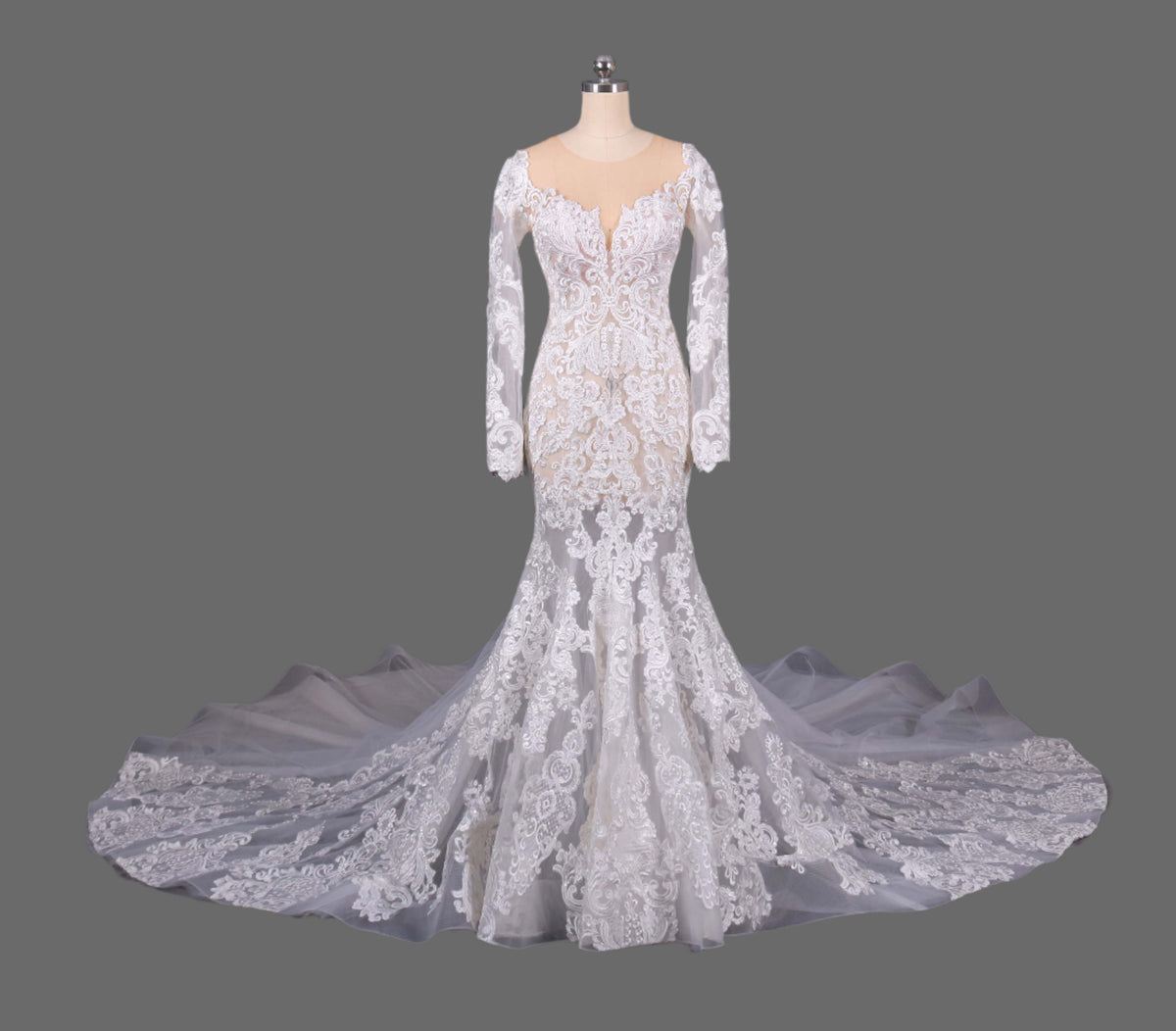 Illusion Long Sleeves Lace Appliqued Wedding Dress OneWedDress Illusion Long Sleeves Lace Appliqued Wedding Dress OneWedDress