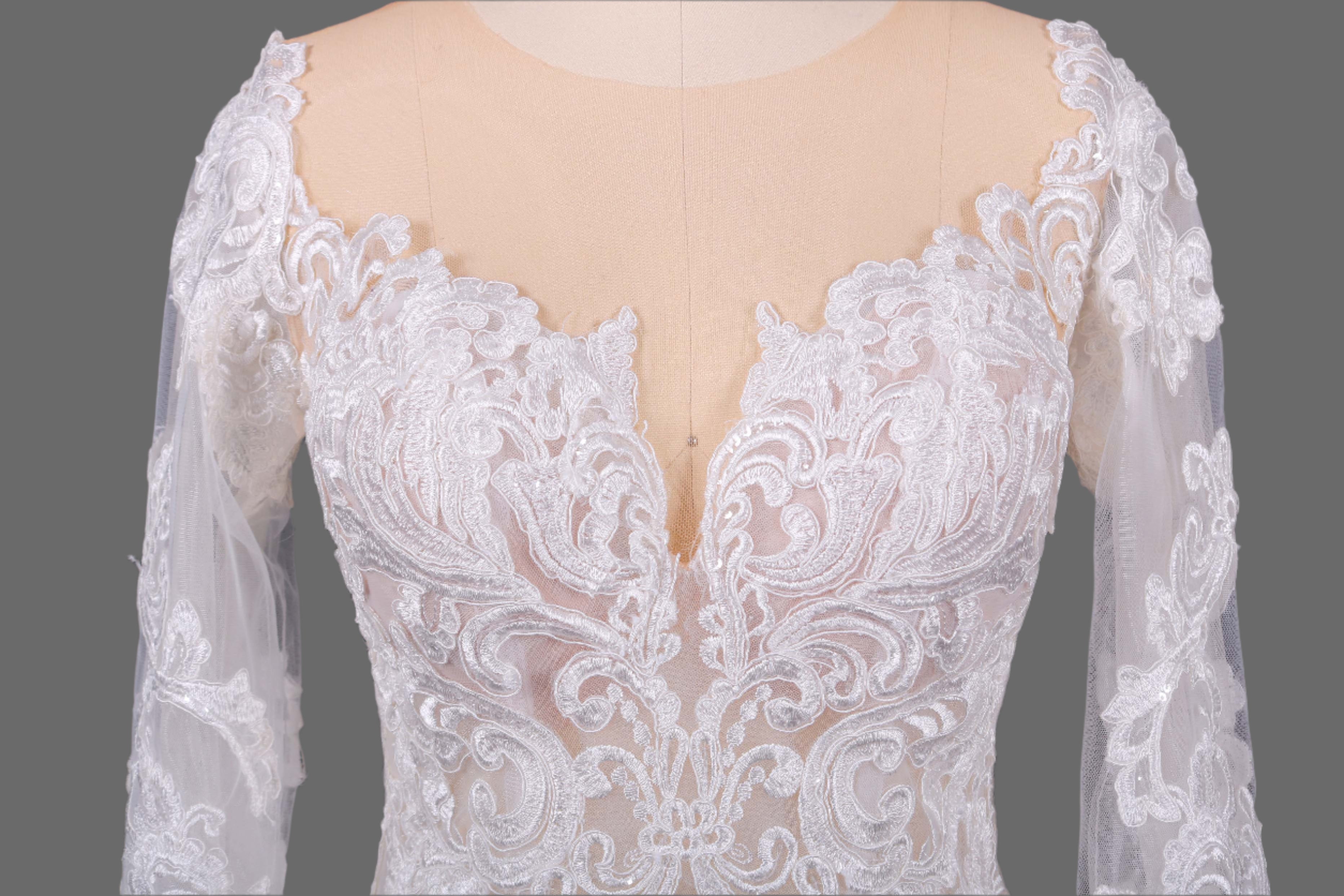 Illusion Long Sleeves Lace Appliqued Wedding Dress