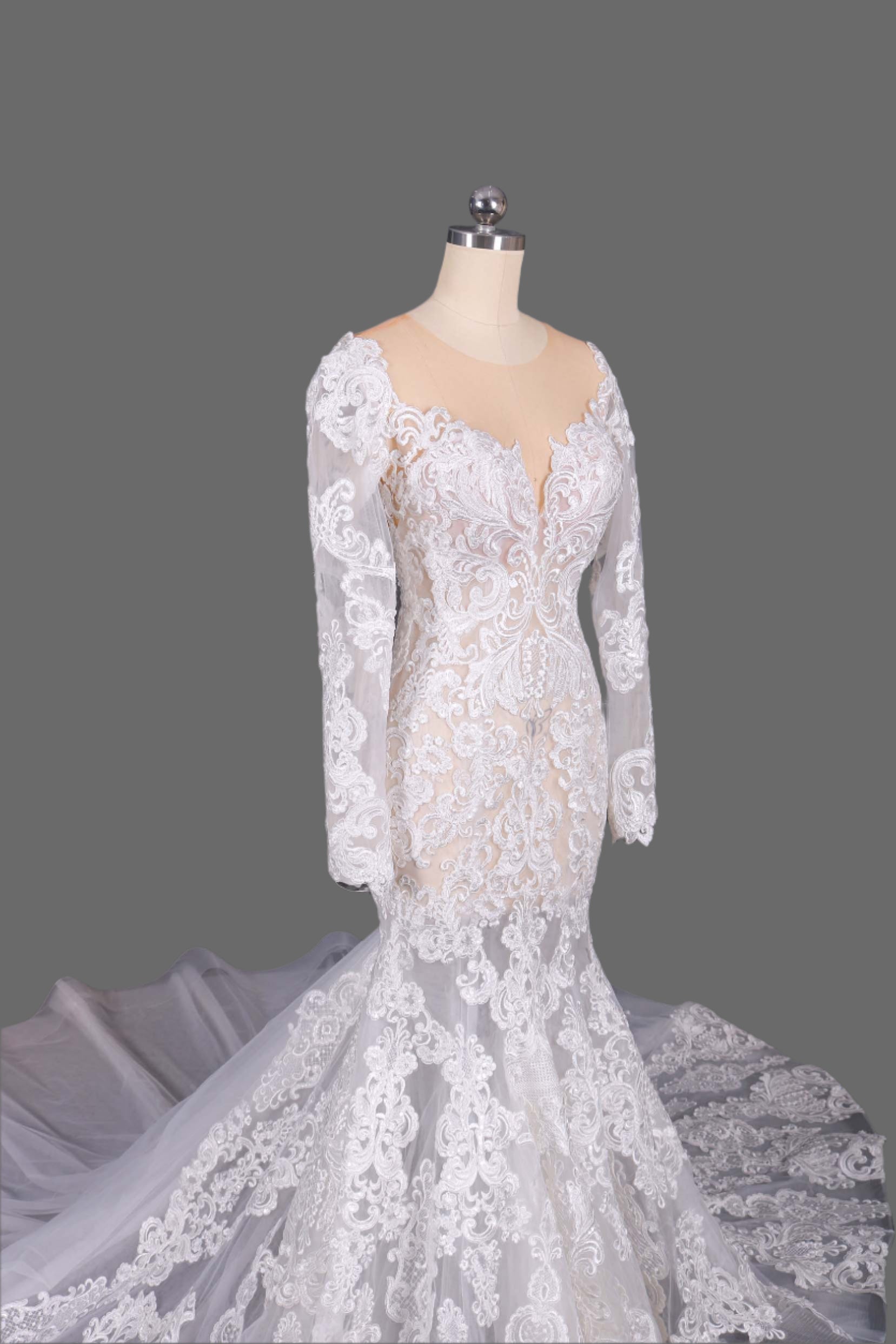 Illusion Long Sleeves Lace Appliqued Wedding Dress