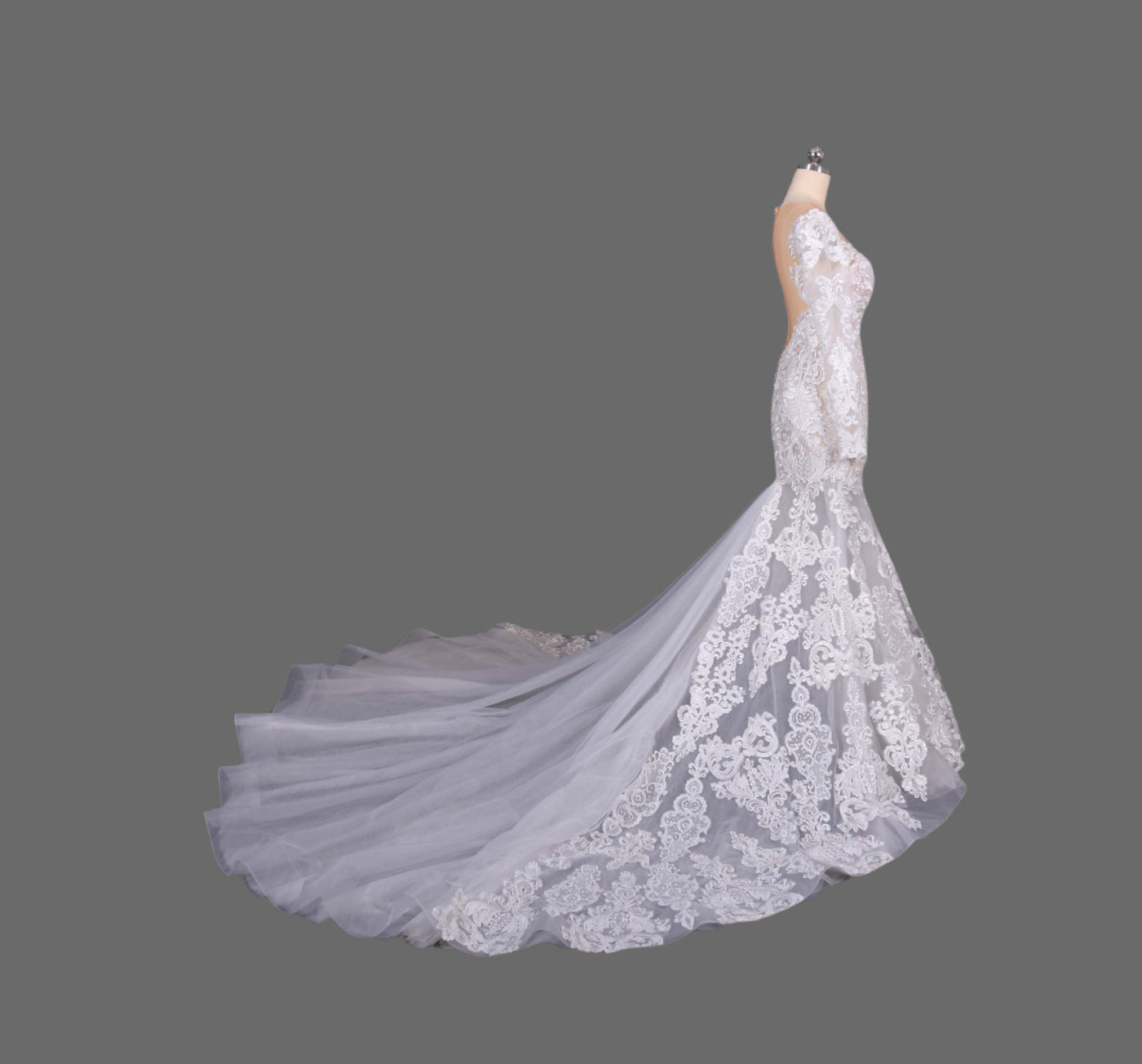 illusion long sleeve lace appliqued wedding dress Stunning Lace Applique Illusion Long Sleeve Mermaid With Train Wedding AlineBridal