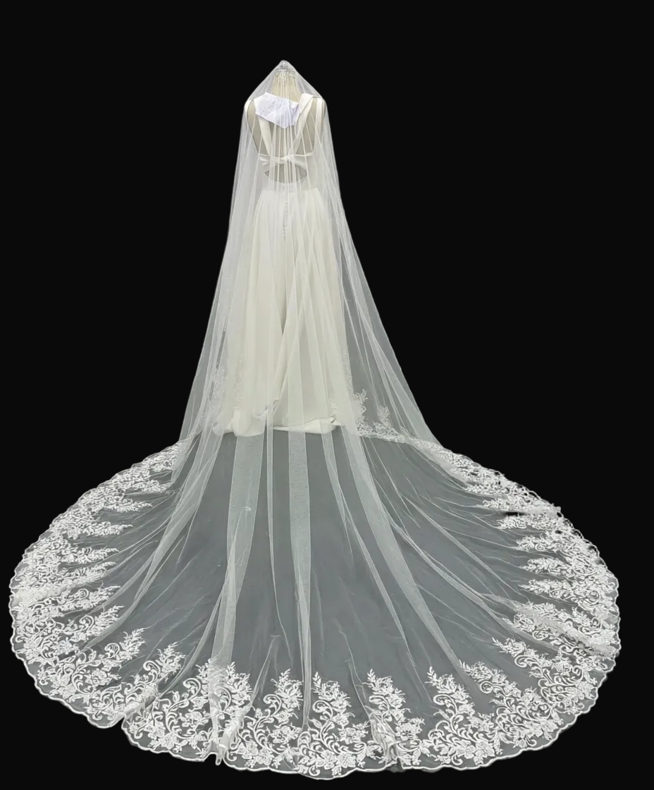 Ivory Cathedral Lace Veil Wedding Dress Set – Embroidered Floral Bridal Gown with Matching Long Veil