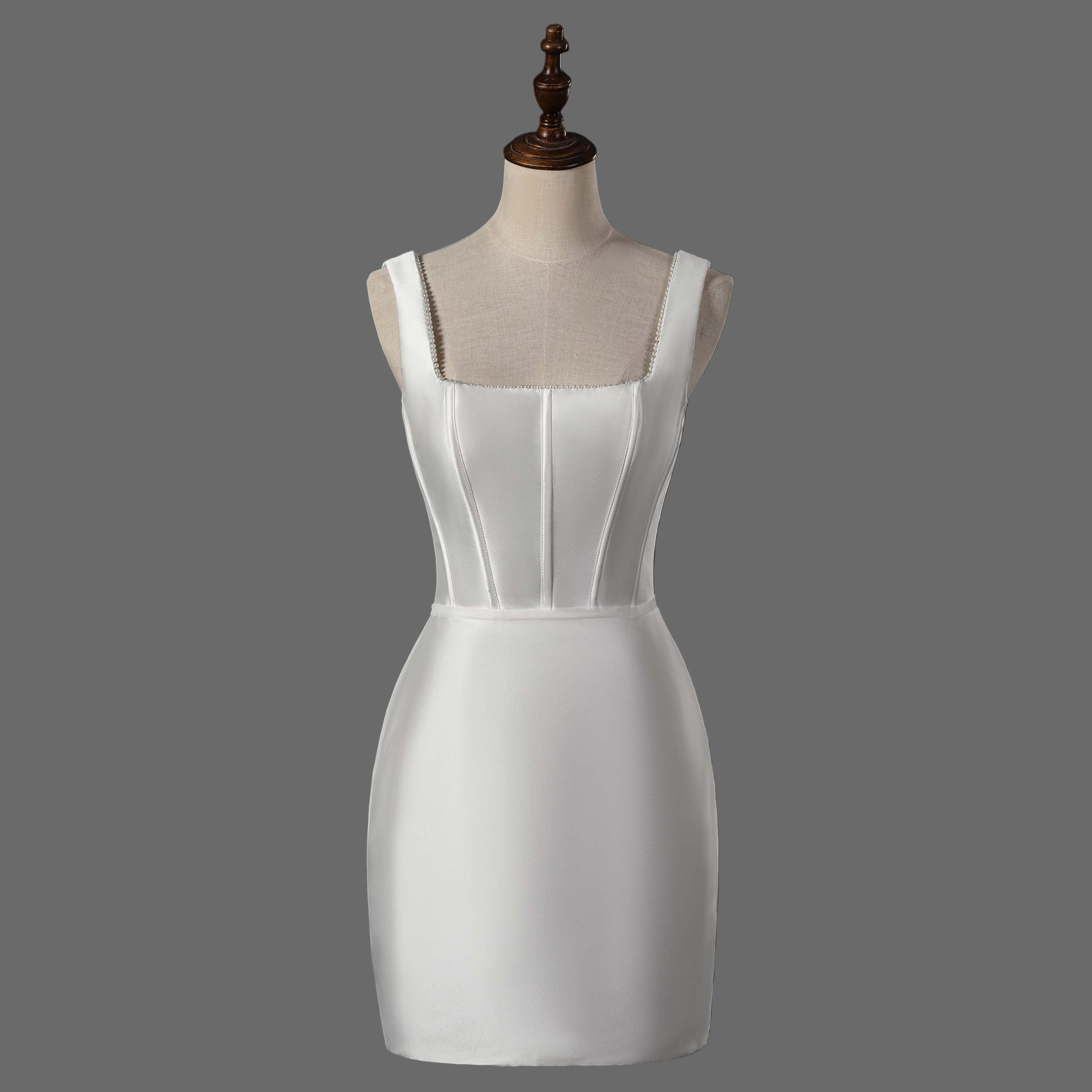 Ivory Corset Mini Wedding Dress - Modern Satin Bridal Gown with Square Neckline
